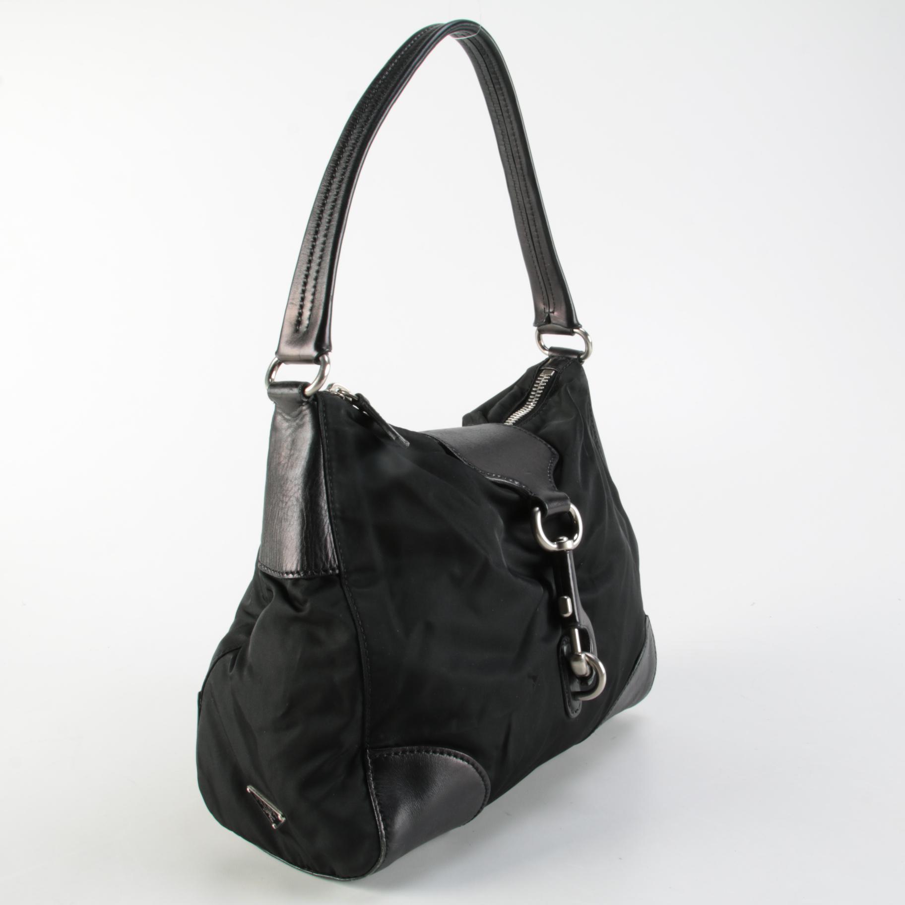Prada Black Tessuto and Leather Hobo Shoulder Bag