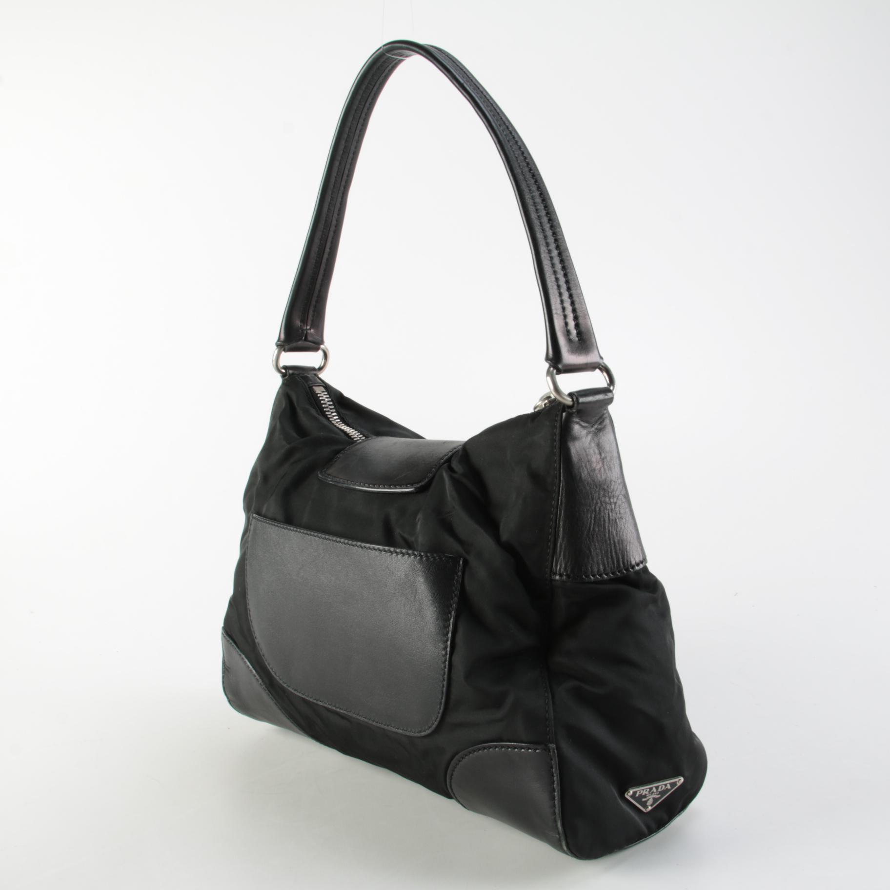 Prada Black Tessuto and Leather Hobo Shoulder Bag