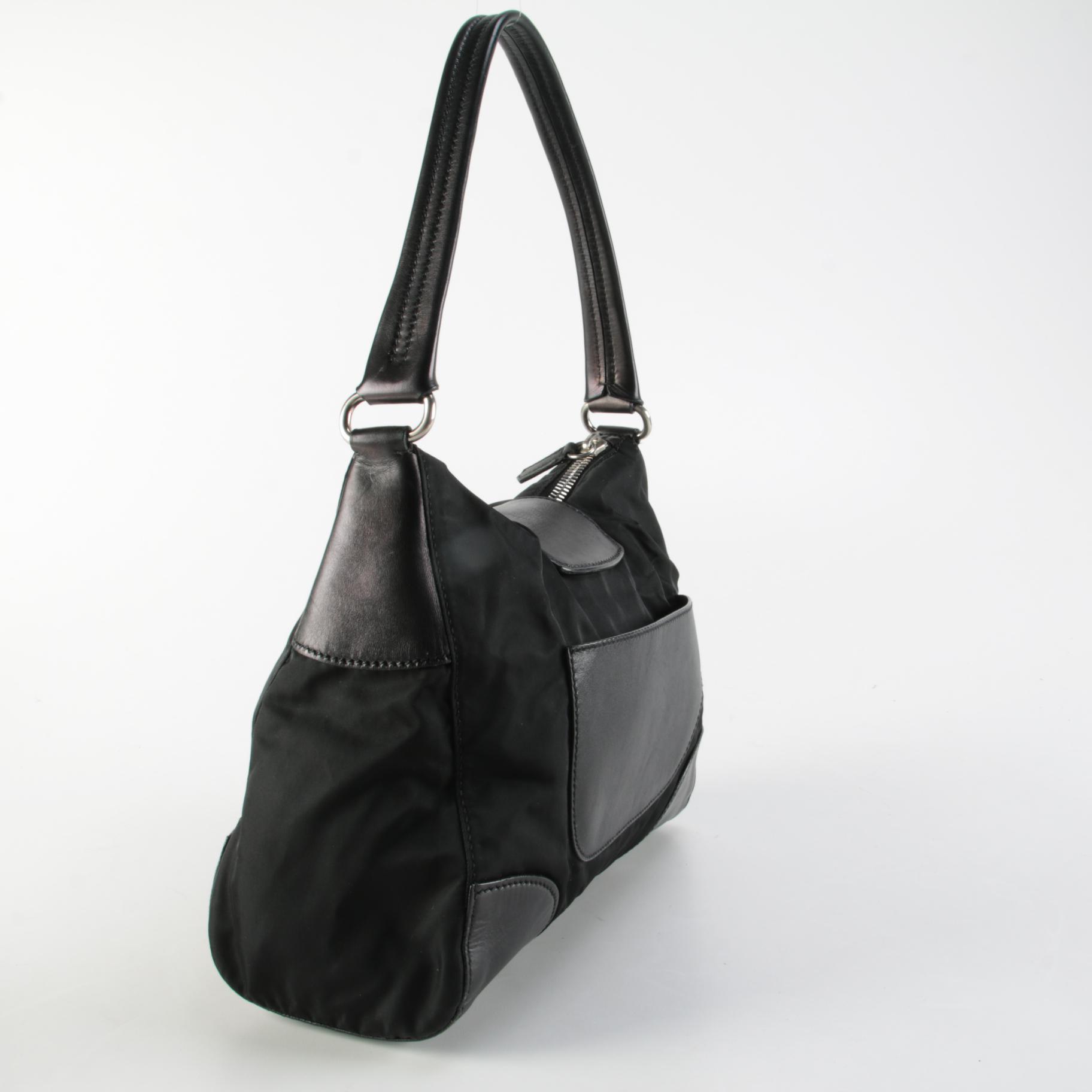 Prada Black Tessuto and Leather Hobo Shoulder Bag