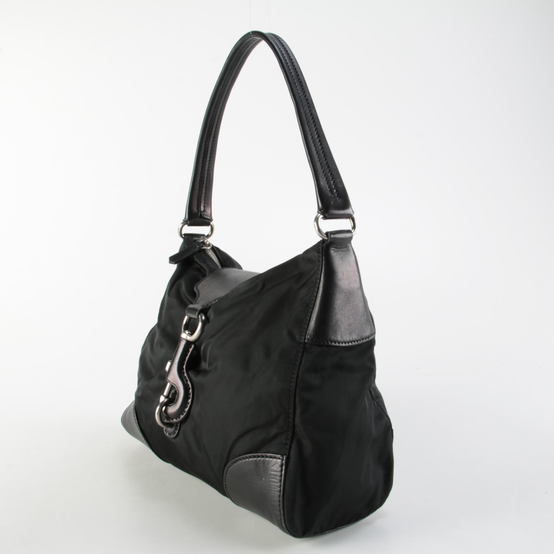 Prada Black Tessuto and Leather Hobo Shoulder Bag