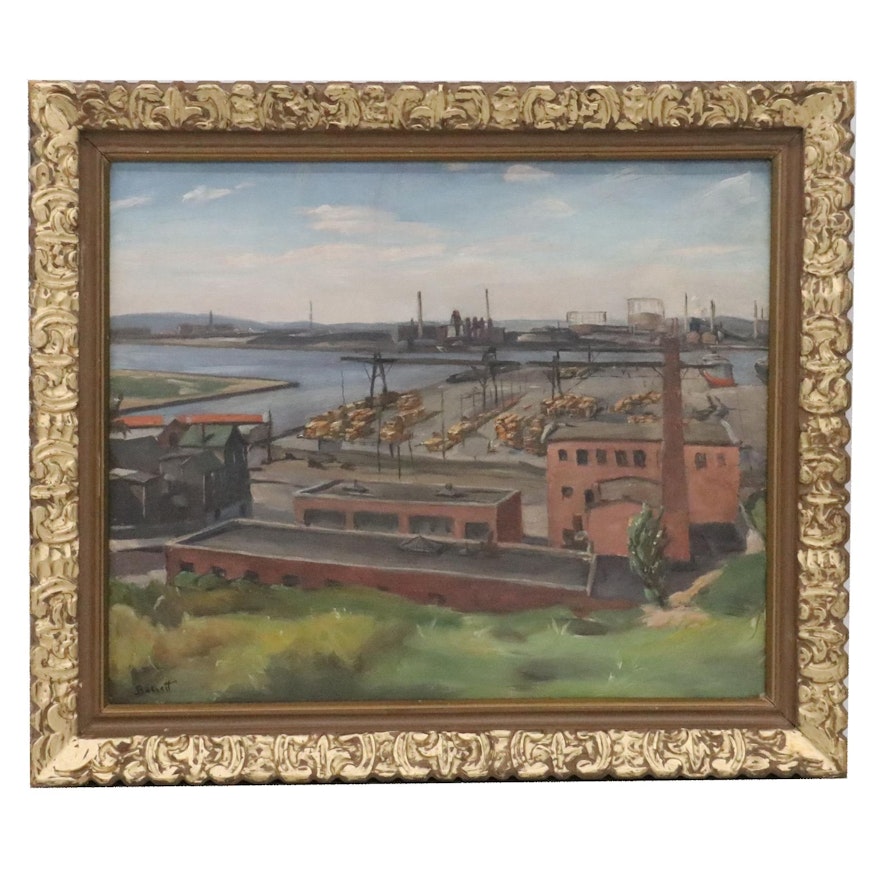 Richard H. Basset Oil Painting "Boston Harbor," 1940s