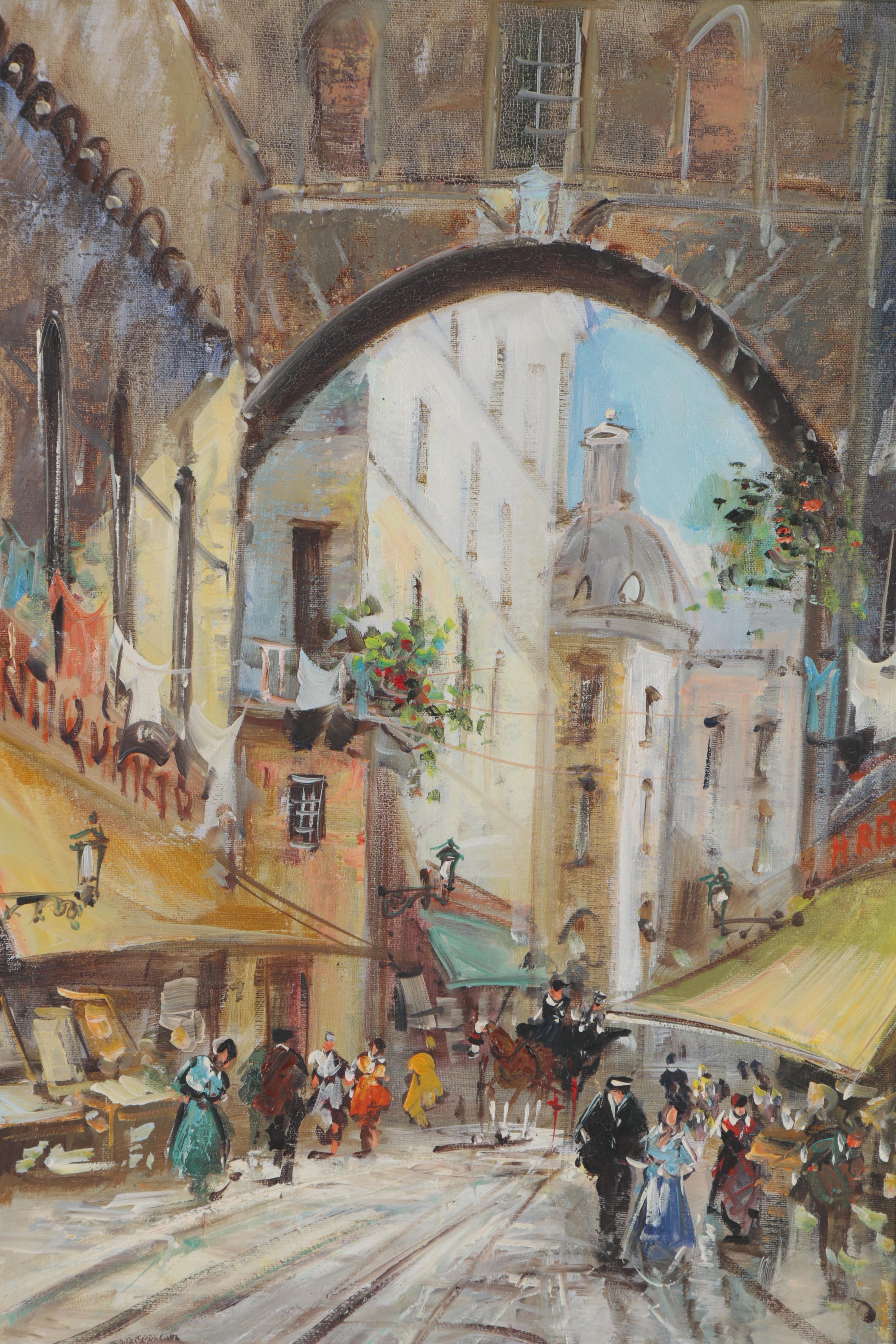 Nelusco Sarti Italian Street Scene Acrylic Painting, Late 20th Century