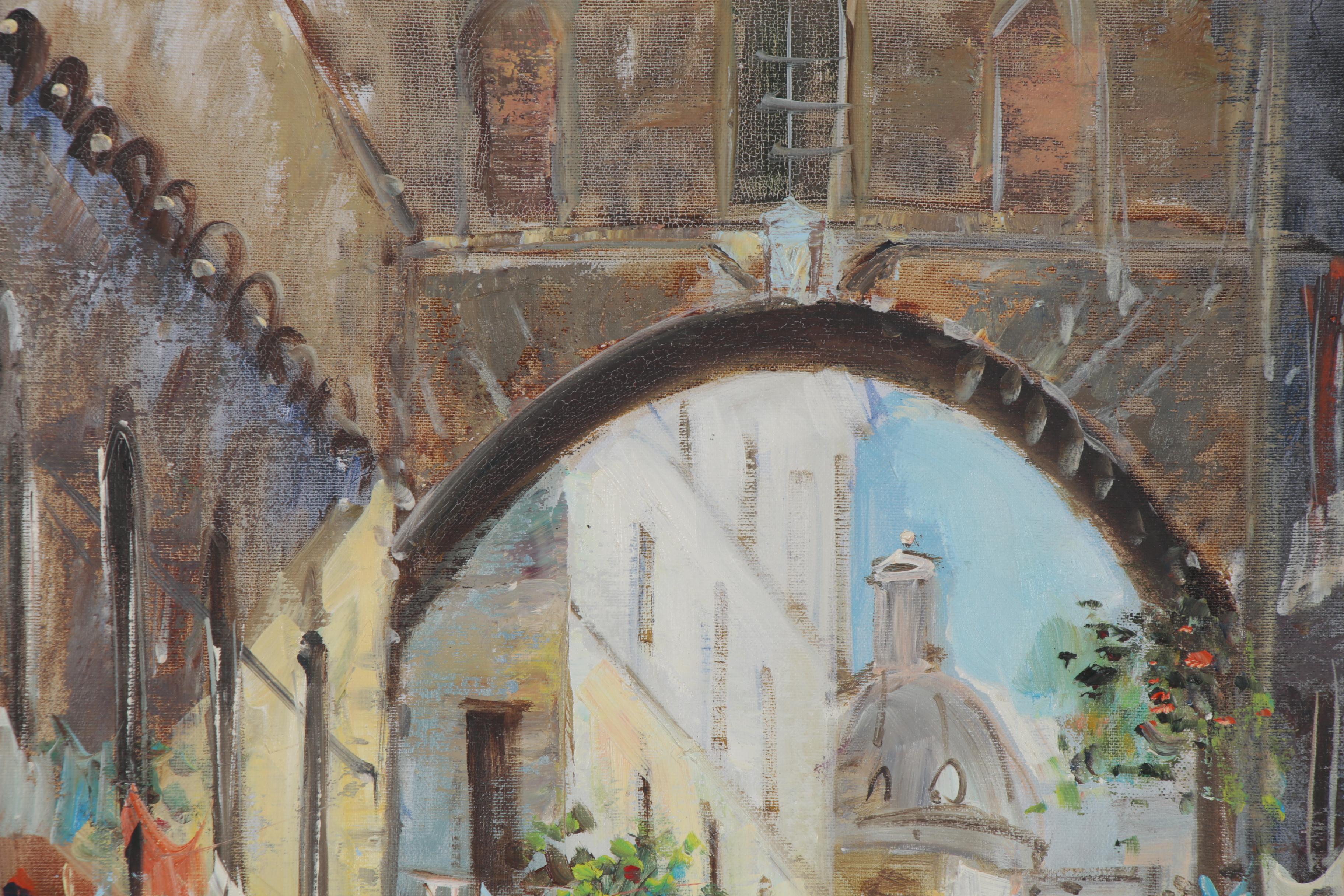 Nelusco Sarti Italian Street Scene Acrylic Painting, Late 20th Century