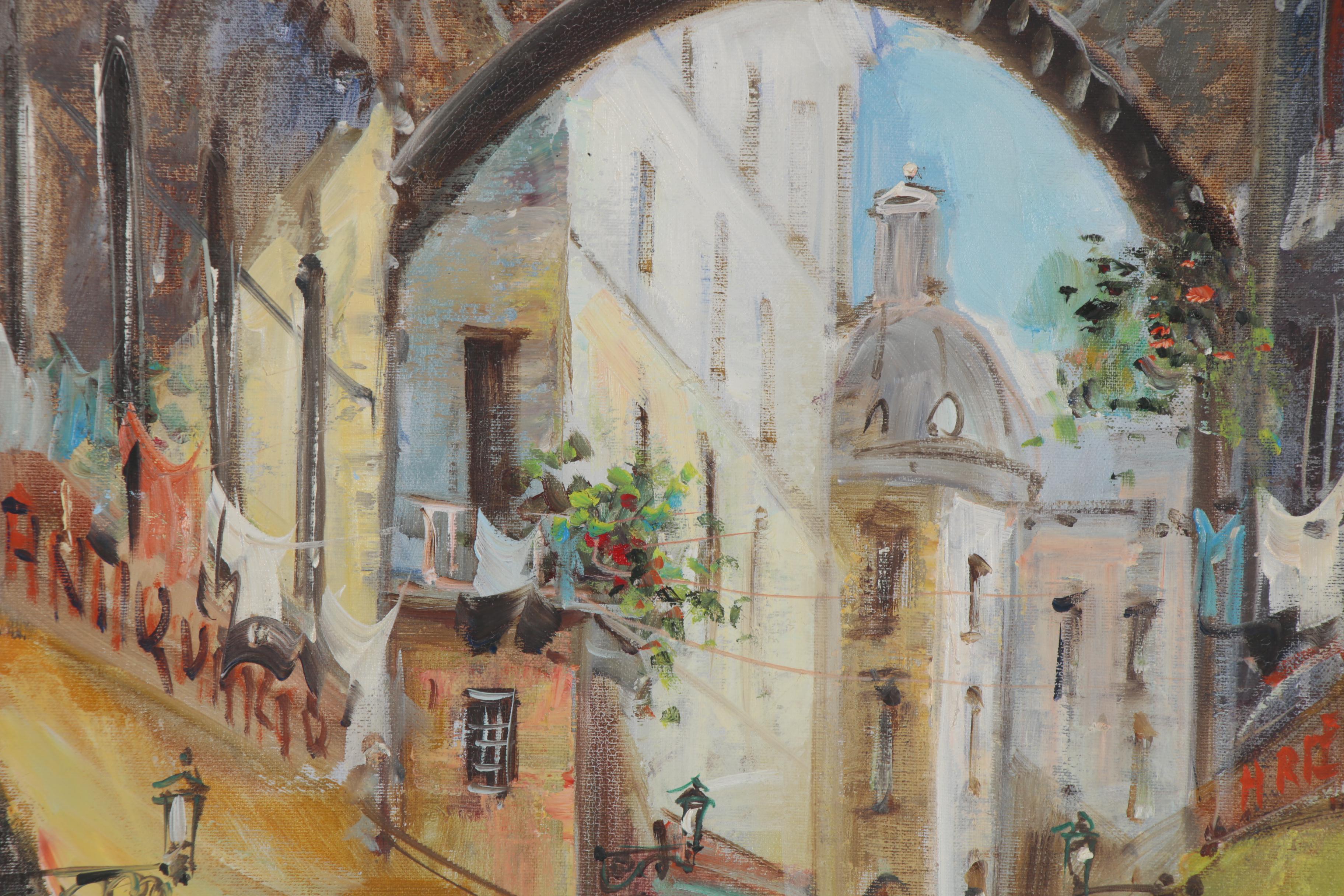 Nelusco Sarti Italian Street Scene Acrylic Painting, Late 20th Century