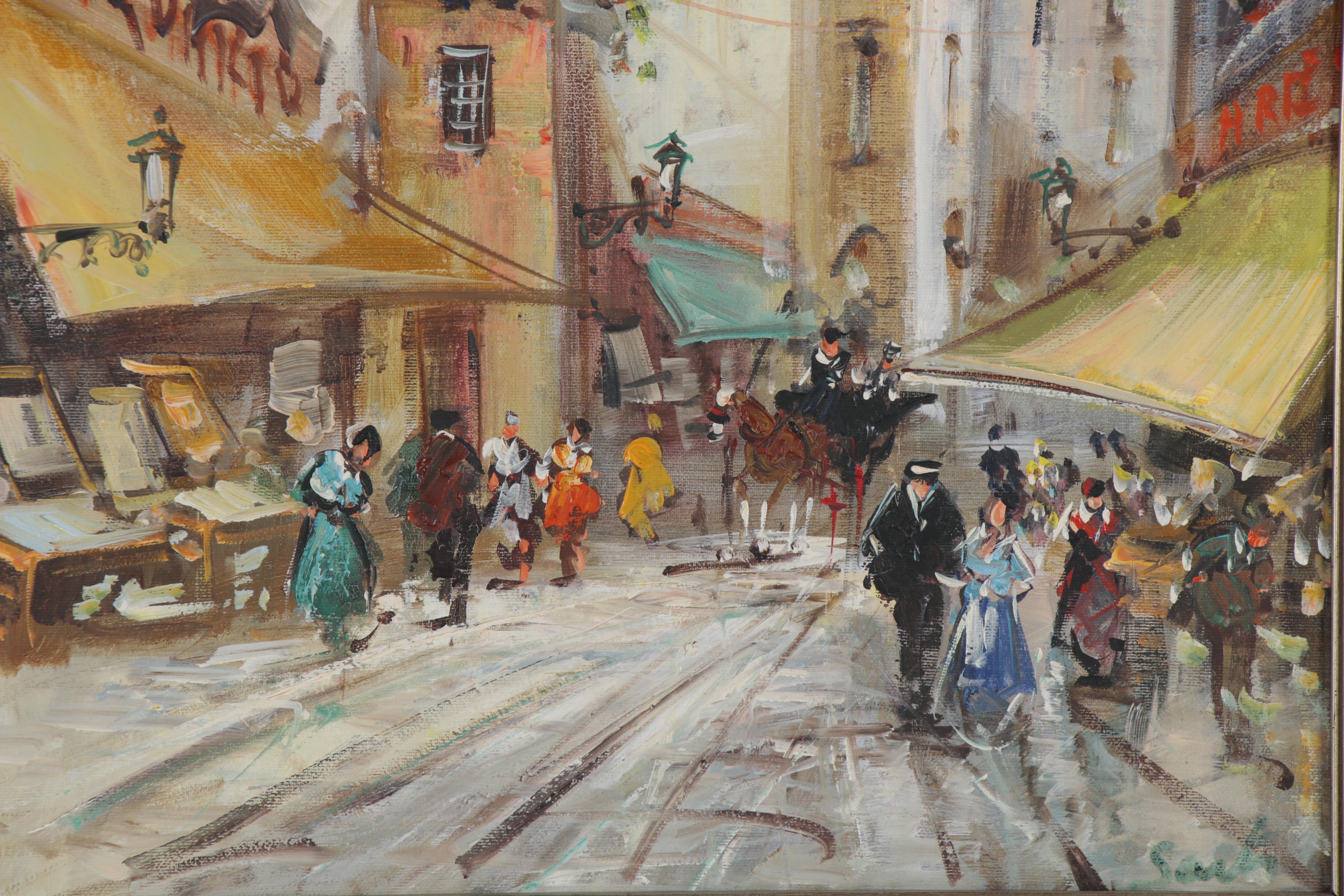 Nelusco Sarti Italian Street Scene Acrylic Painting, Late 20th Century
