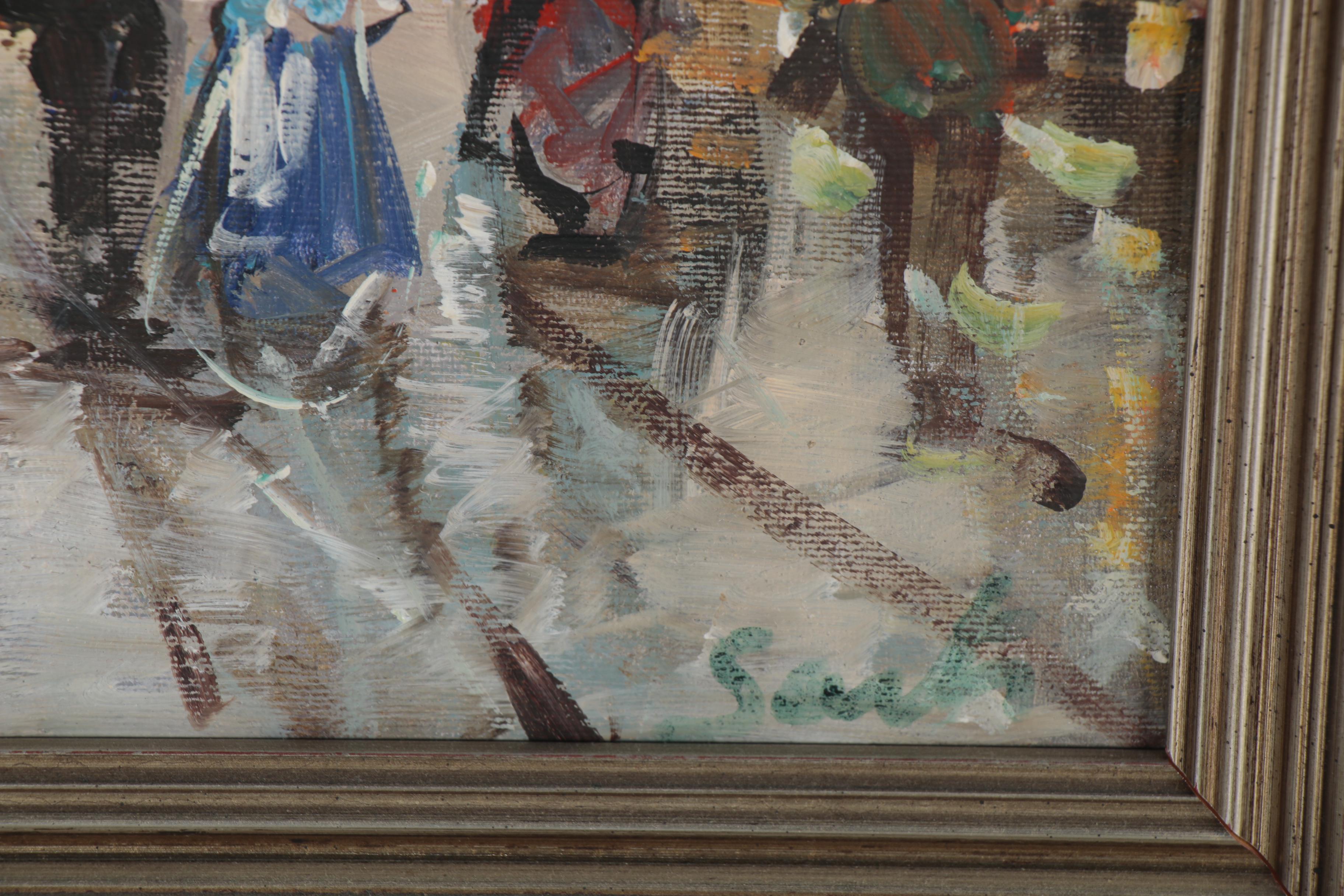 Nelusco Sarti Italian Street Scene Acrylic Painting, Late 20th Century