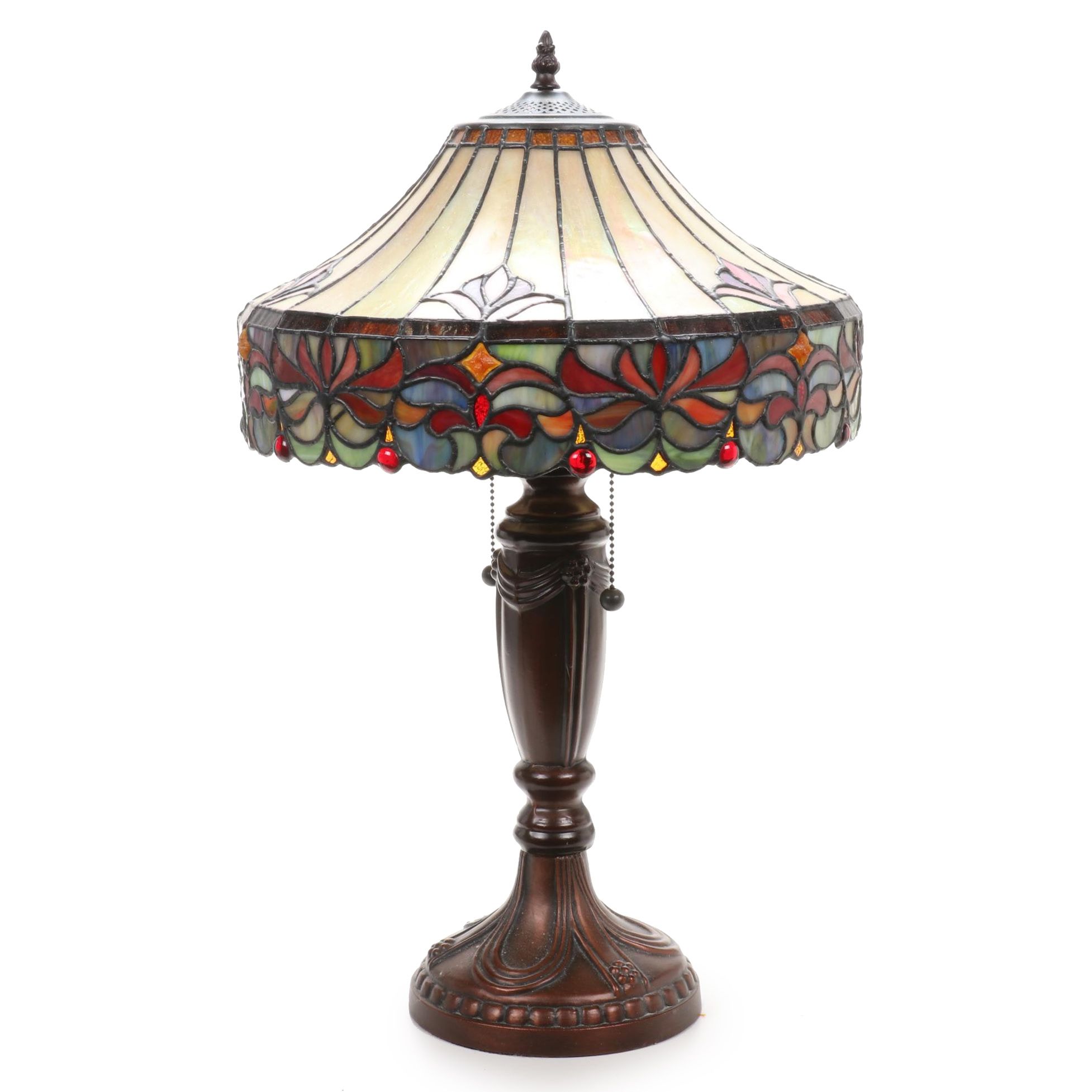 Art Nouveau Style Table Lamp with Slag and Stained Glass Shade