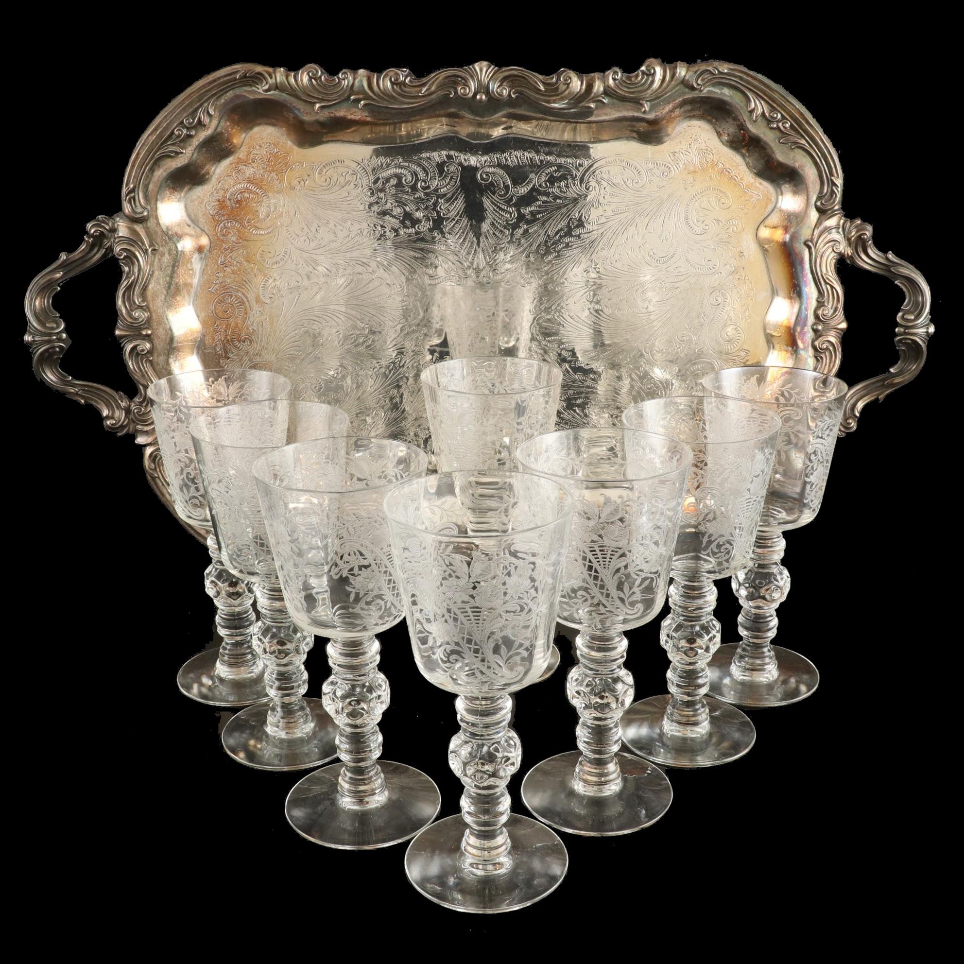 F. B. Rogers Silver Plate Tray with Etched Wine Glasses, Mid-20th C.