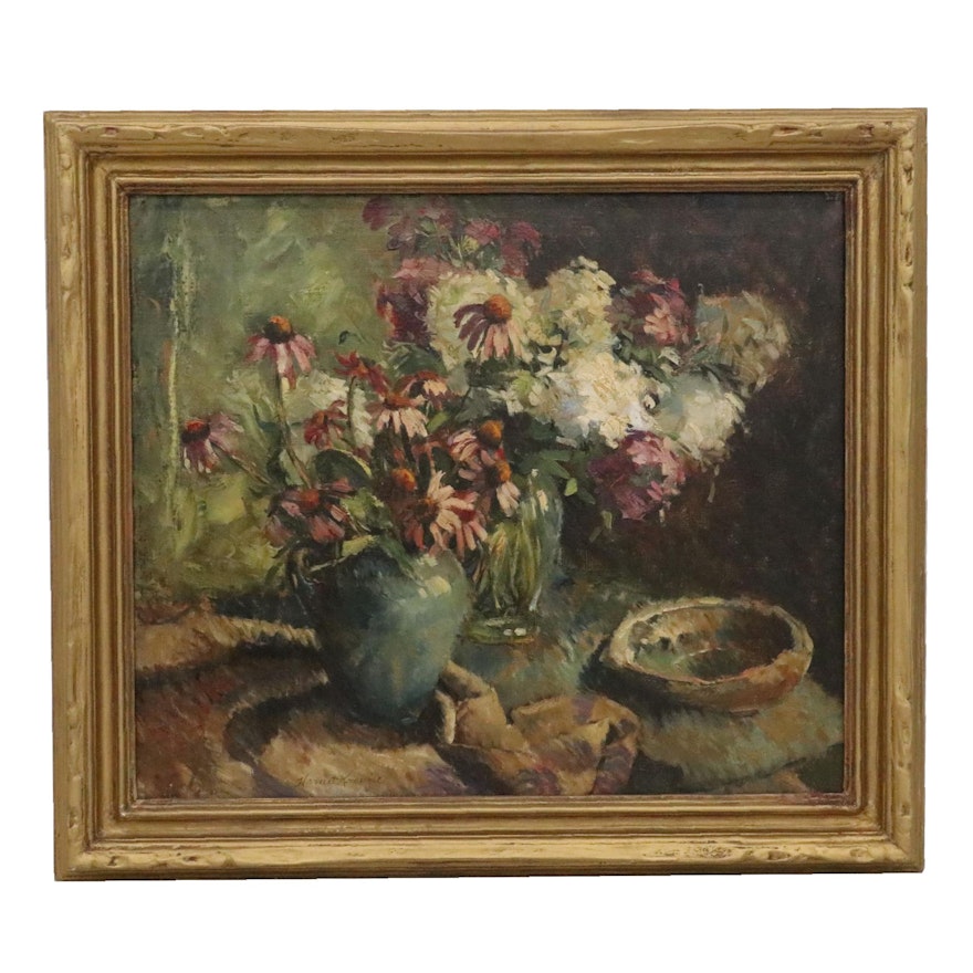 Harriet Krawiec Floral Still Life Oil Painting with Coneflowers and Roseums