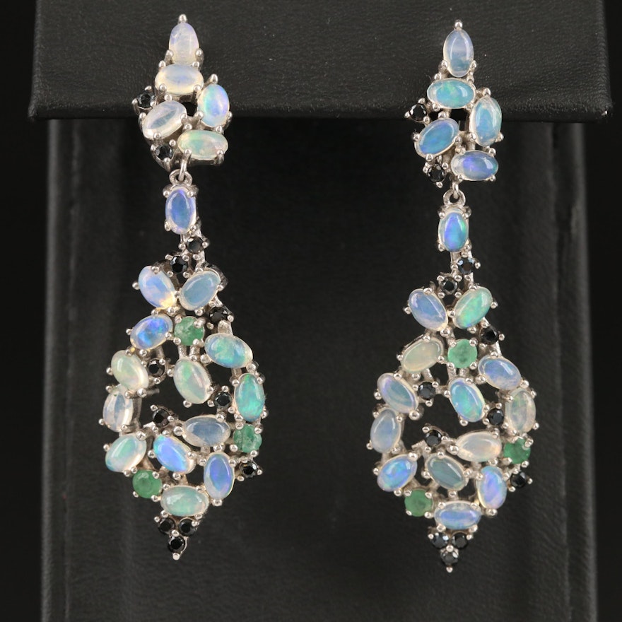 Sterling Opal, Sapphire and Emerald Cluster Drop Earrings