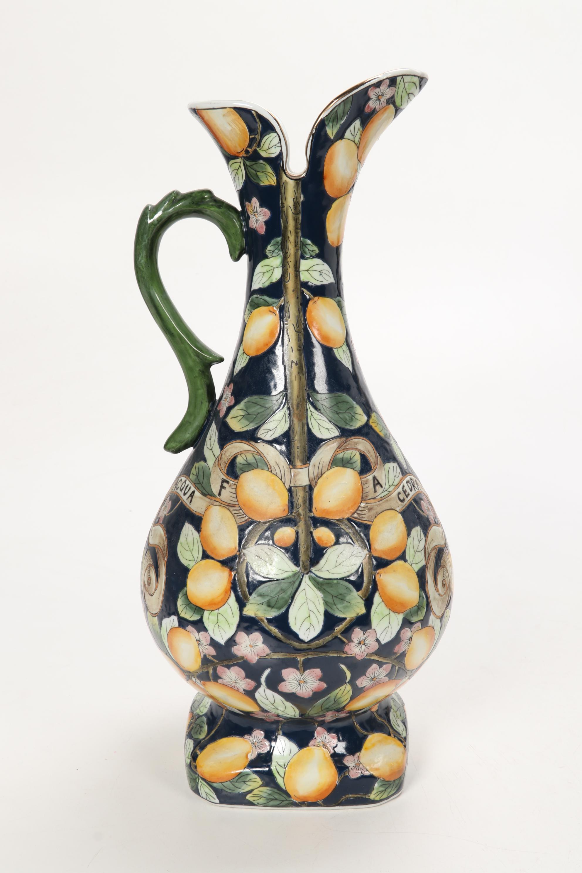 Italian Majolica Style Decorative Pottery Ewers and Covered Dish