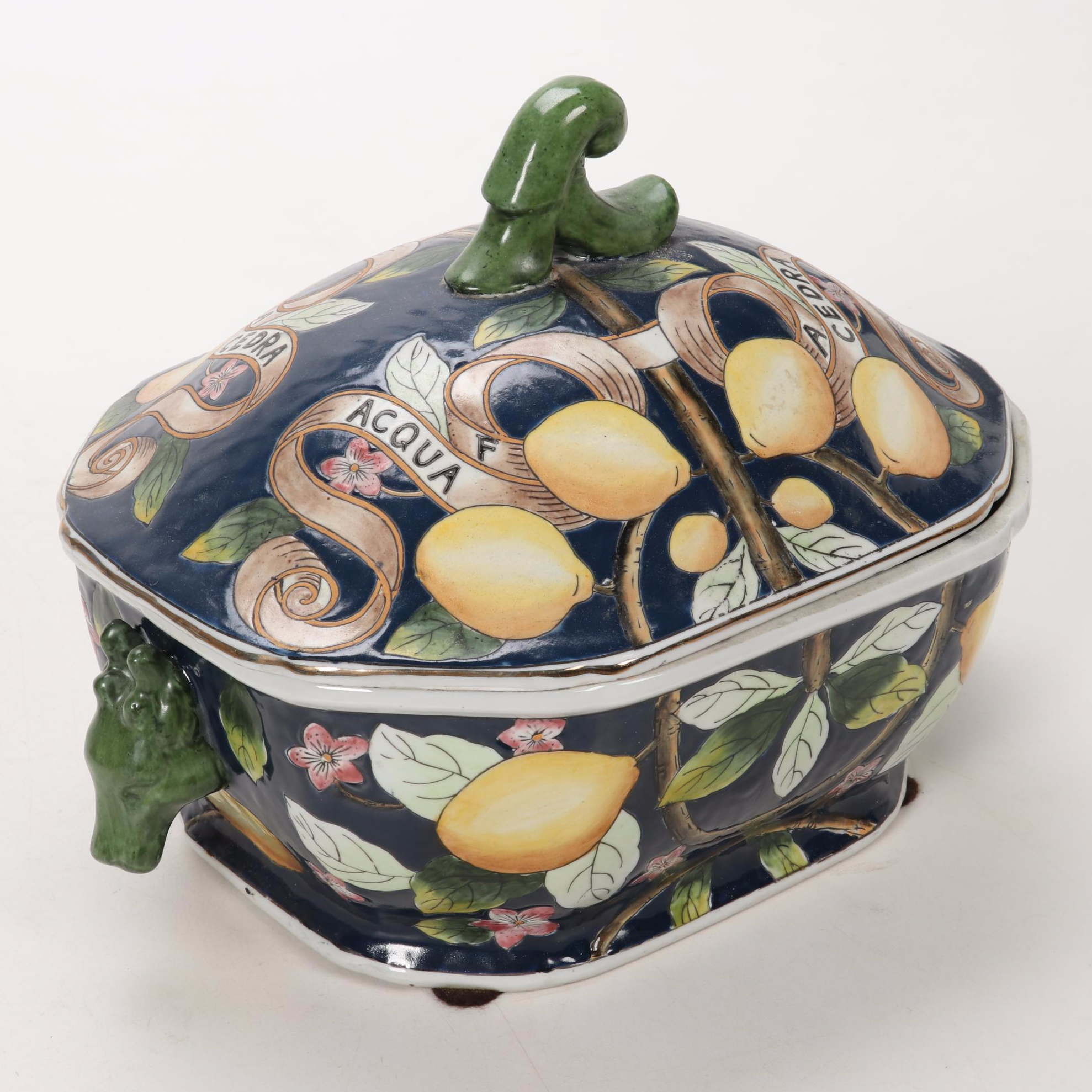 Italian Majolica Style Decorative Pottery Ewers and Covered Dish