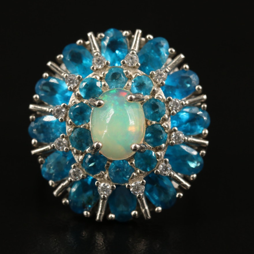 Sterling Silver Opal, Apatite and Cubic Zirconia Cluster Ring