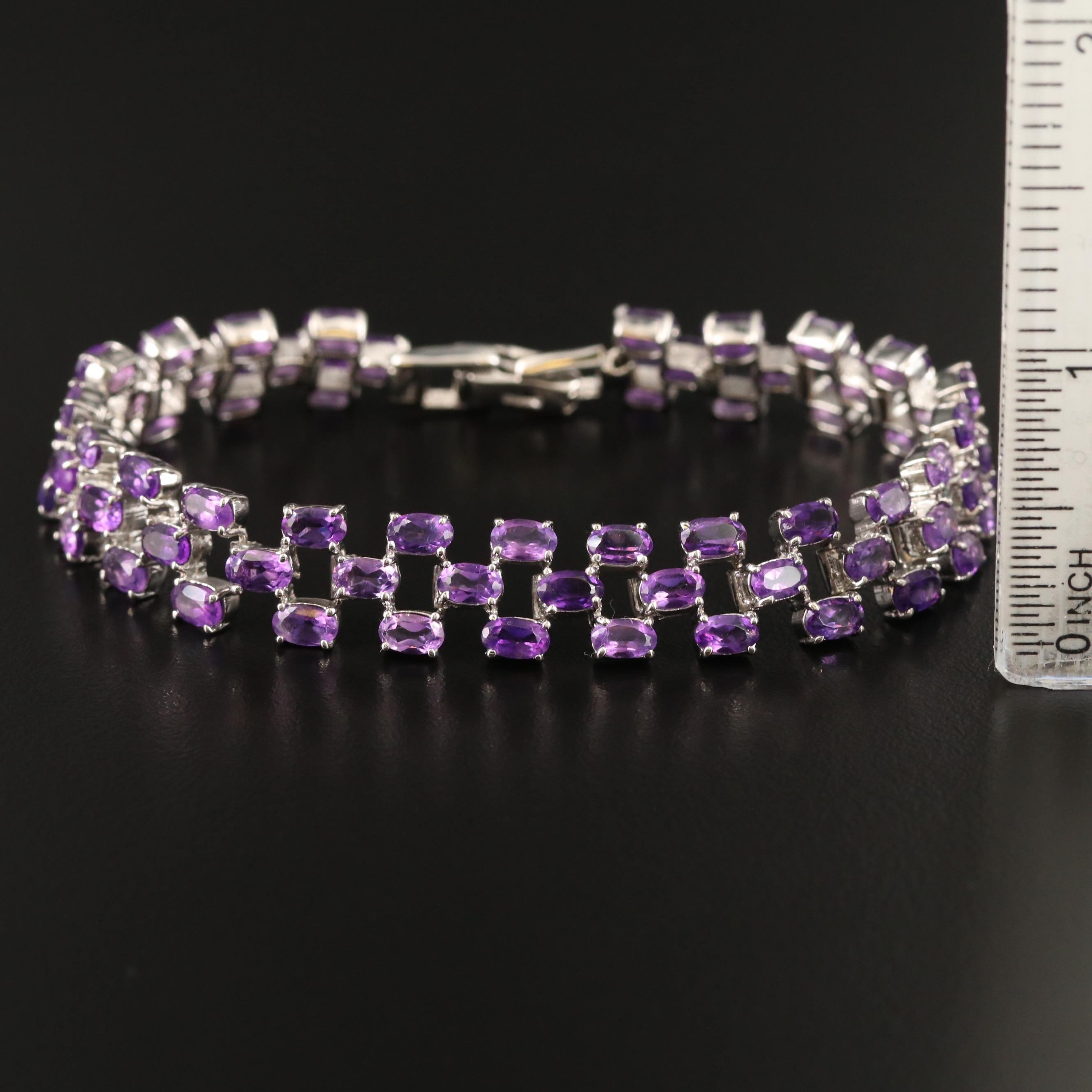 Sterling Silver Three Row Amethyst Link Bracelet