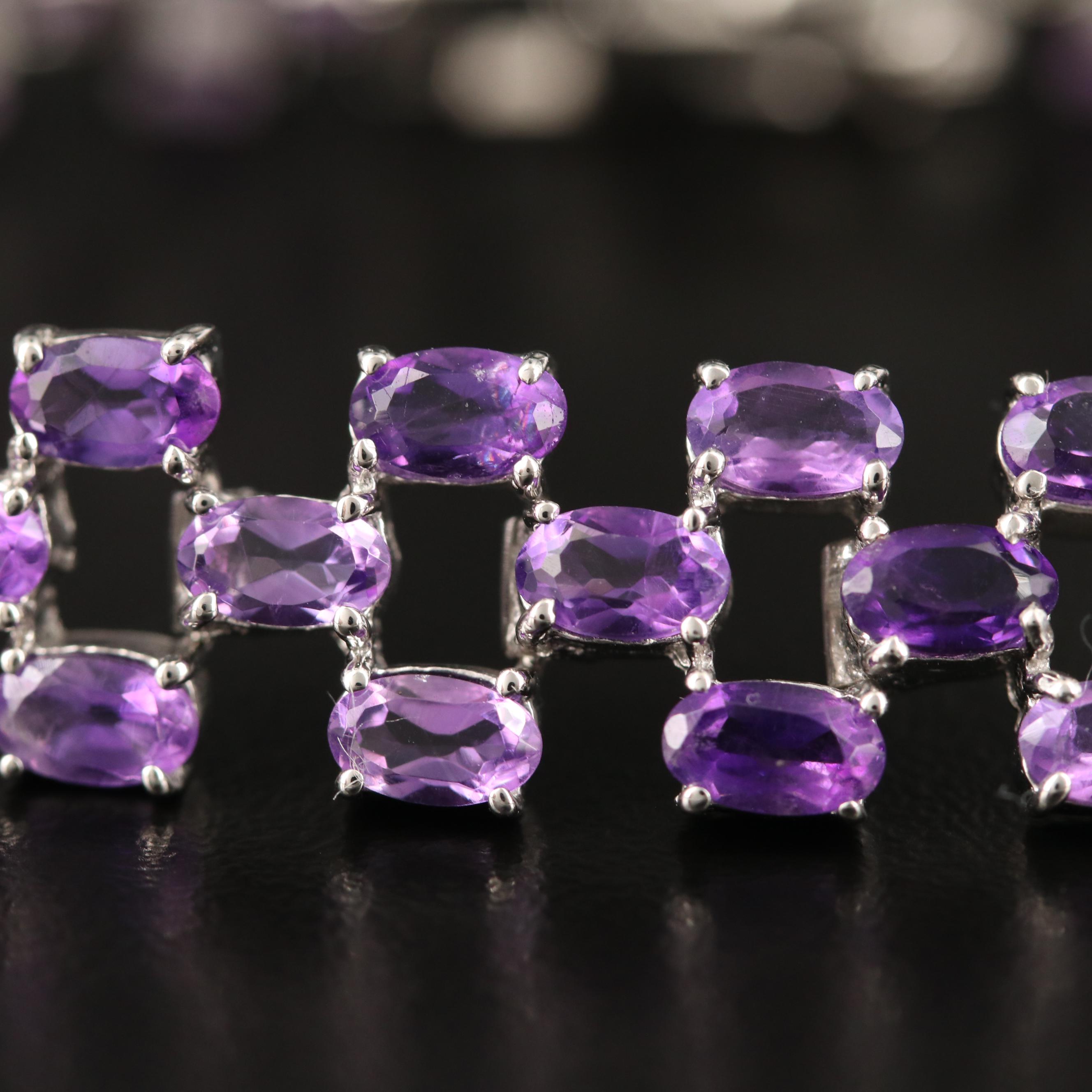 Sterling Silver Three Row Amethyst Link Bracelet