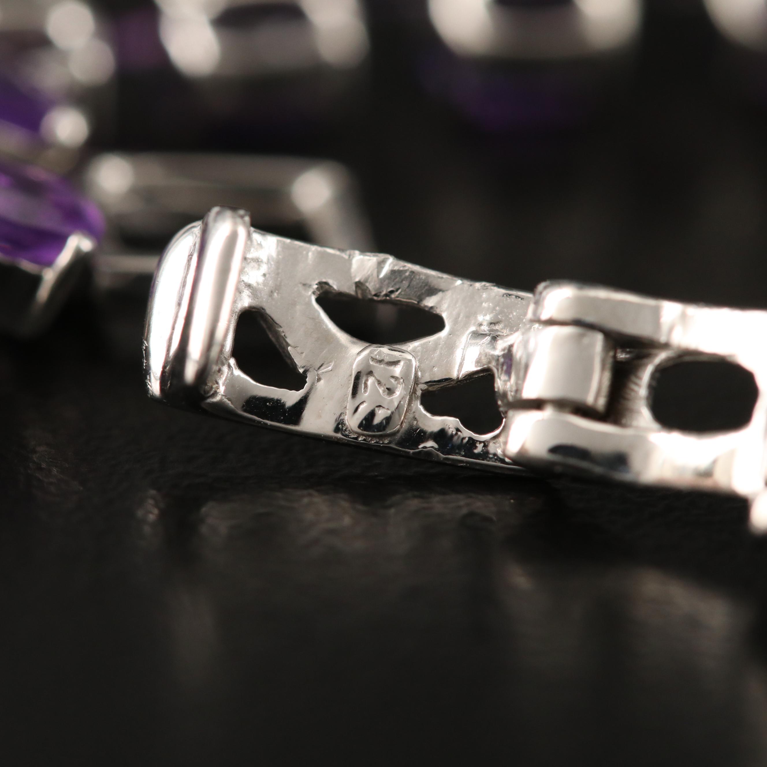 Sterling Silver Three Row Amethyst Link Bracelet