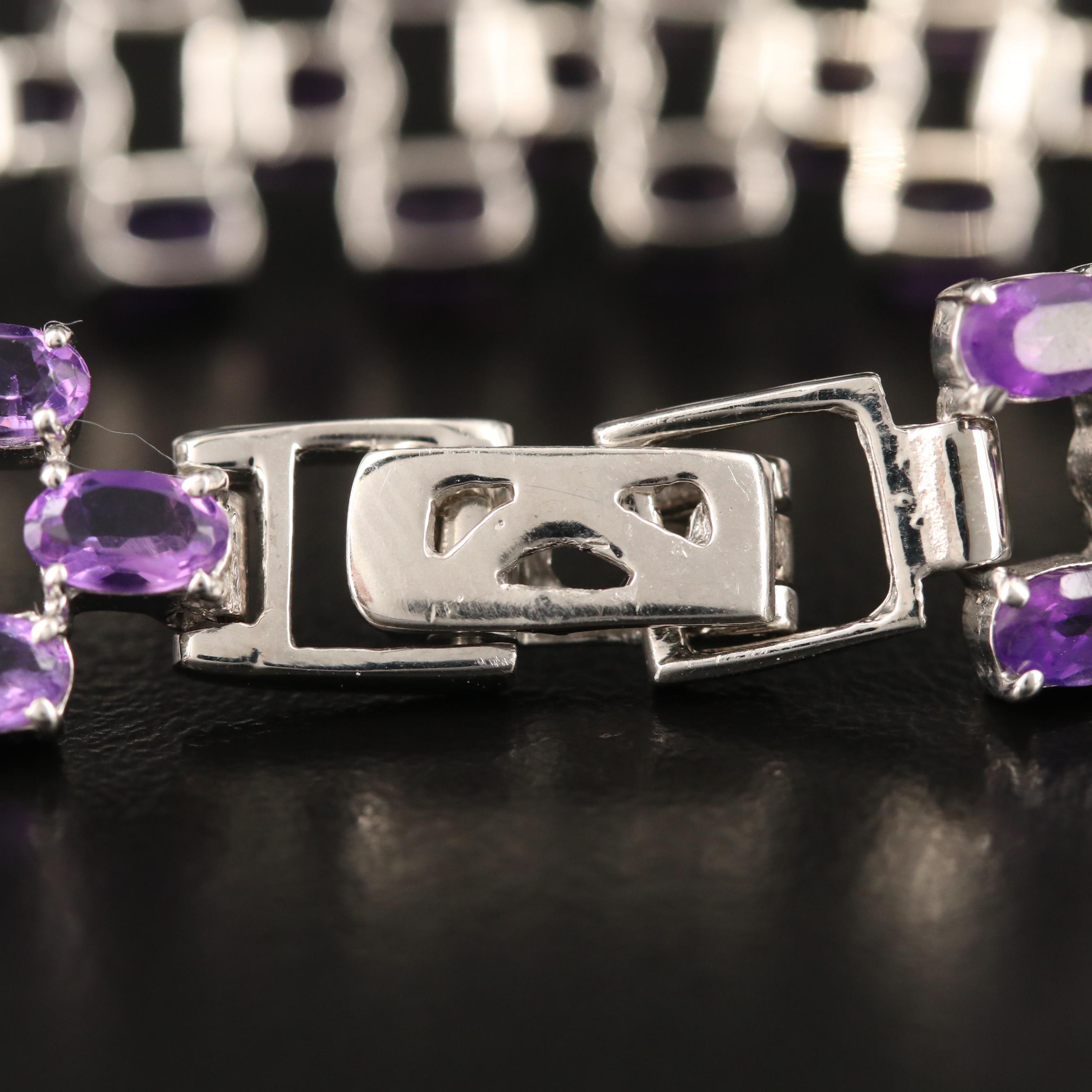 Sterling Silver Three Row Amethyst Link Bracelet