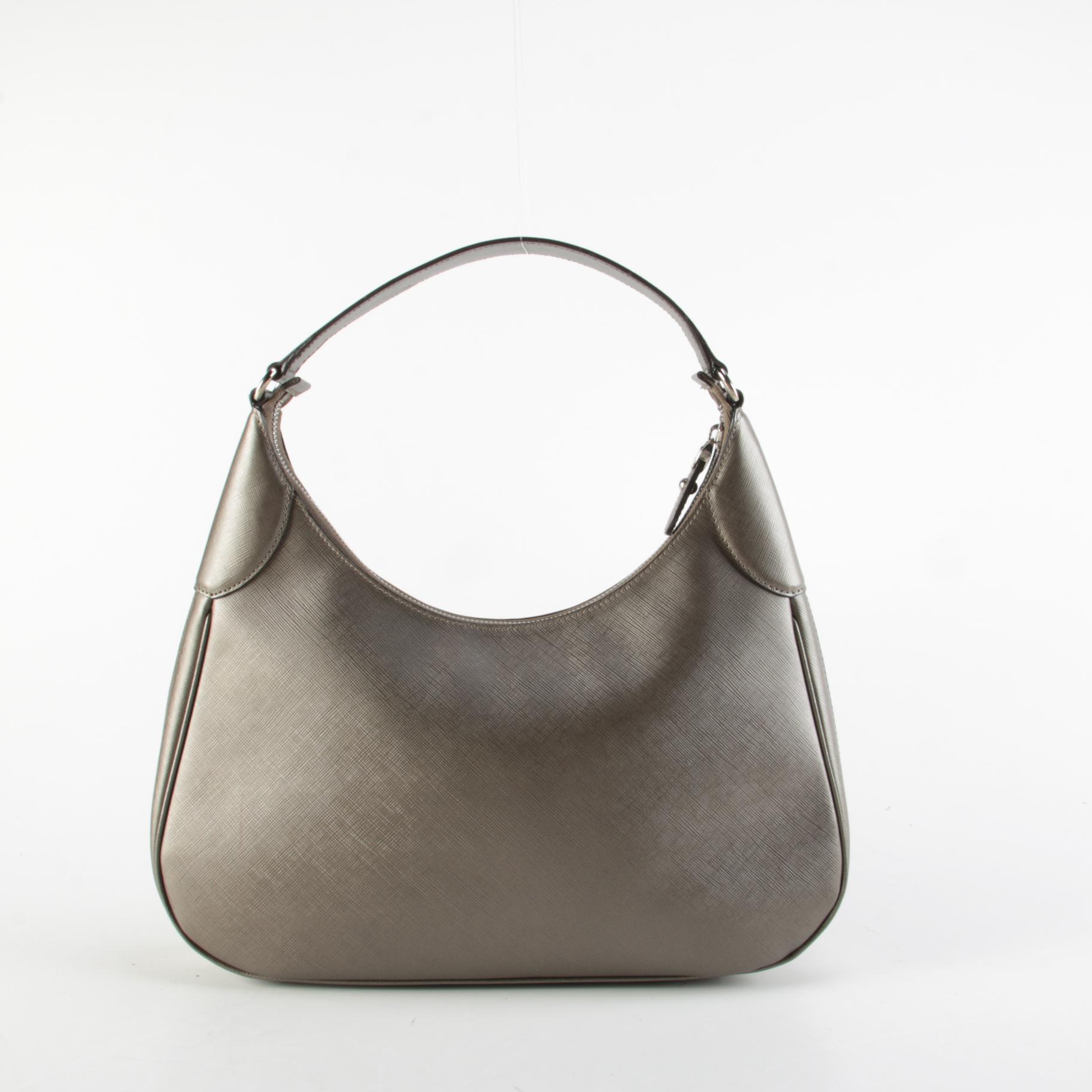 Salvatore Ferragamo Gancini Romana Hobo Bag in Metallic Pewter Saffiano Leather