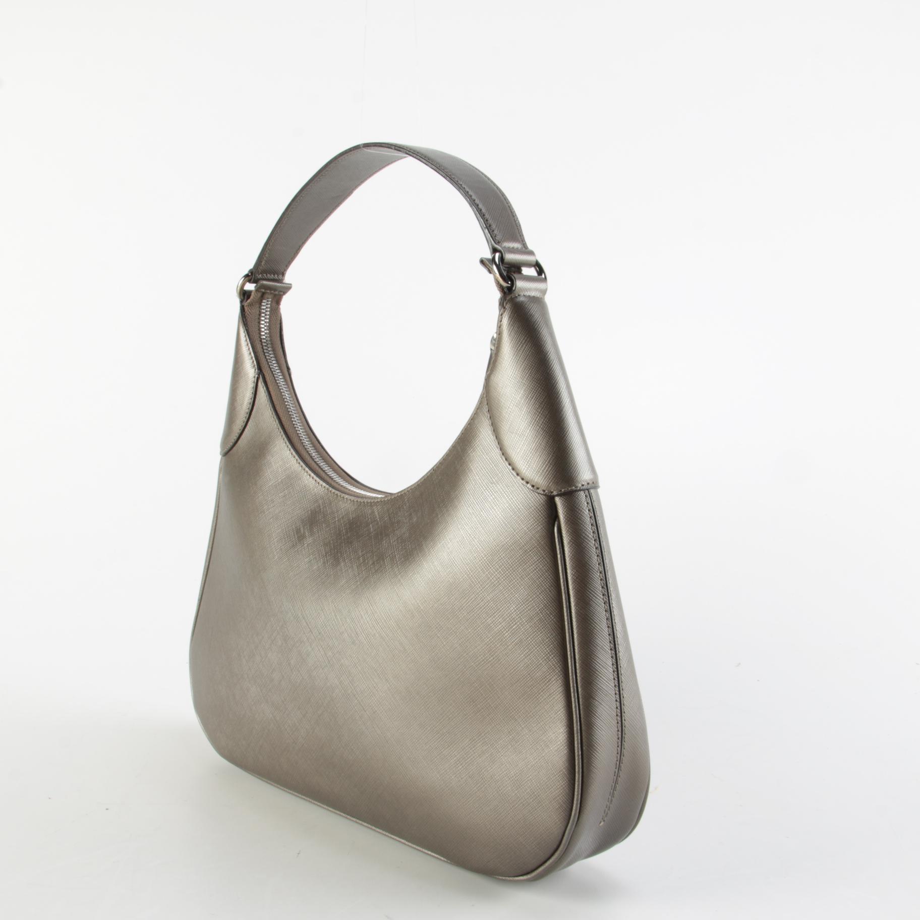 Salvatore Ferragamo Gancini Romana Hobo Bag in Metallic Pewter Saffiano Leather