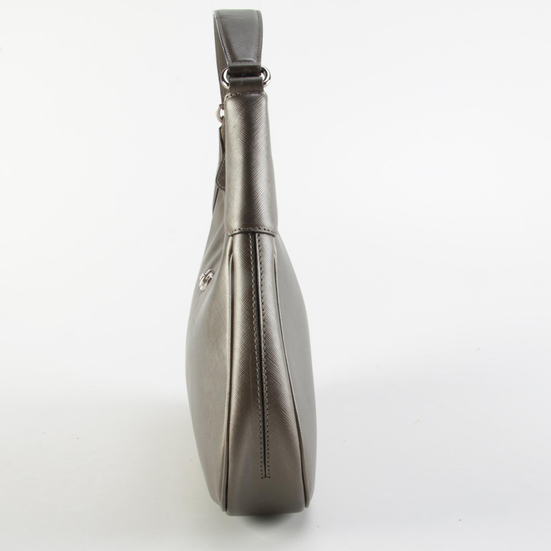 Salvatore Ferragamo Gancini Romana Hobo Bag in Metallic Pewter Saffiano Leather