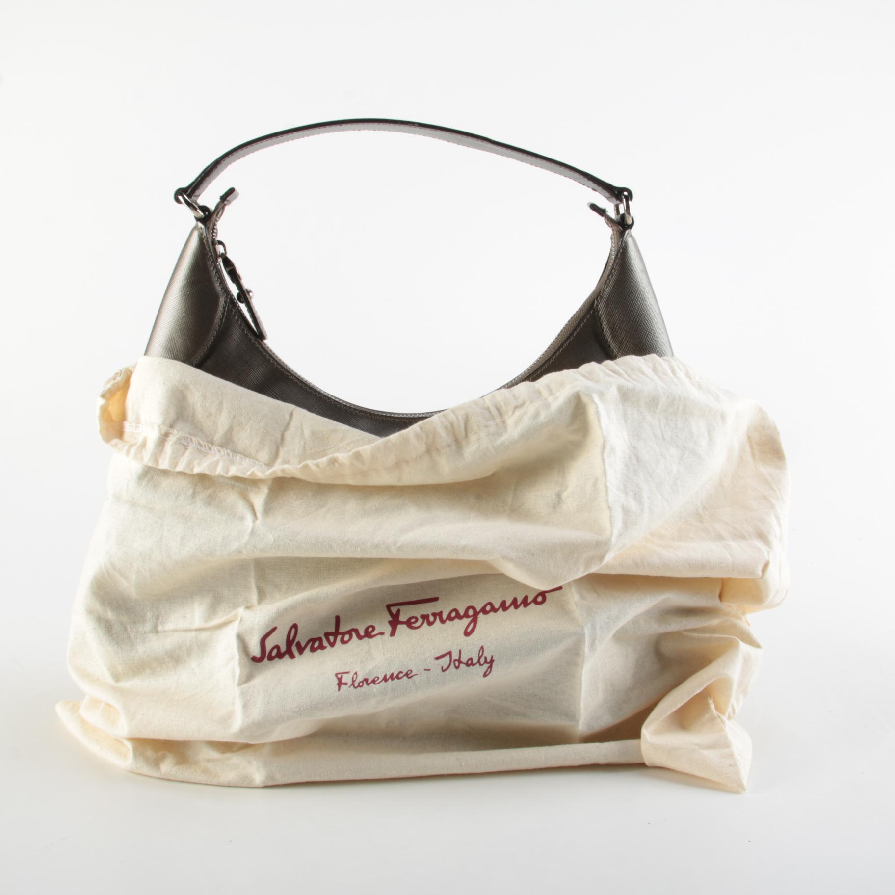 Salvatore Ferragamo Gancini Romana Hobo Bag in Metallic Pewter Saffiano Leather