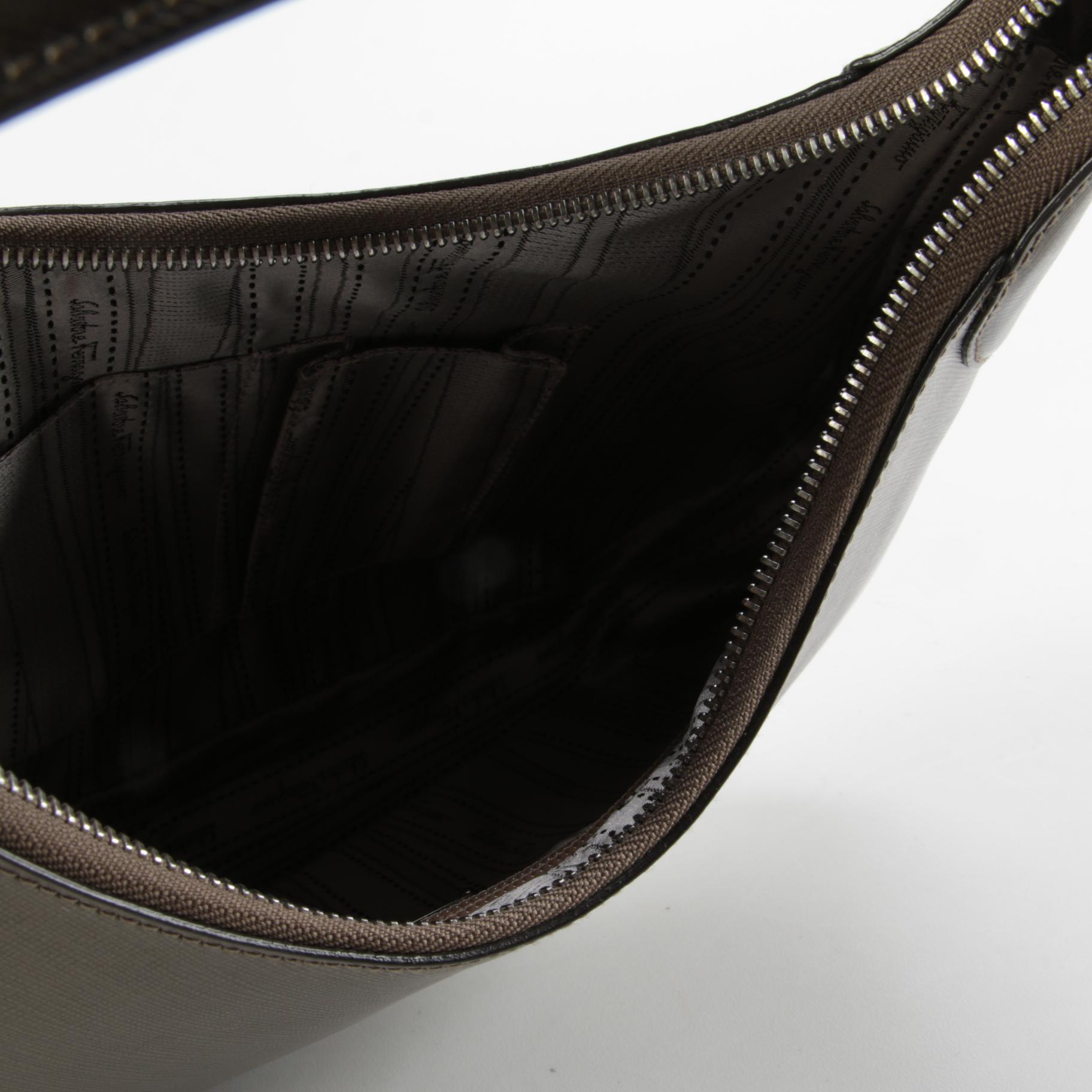 Salvatore Ferragamo Gancini Romana Hobo Bag in Metallic Pewter Saffiano Leather