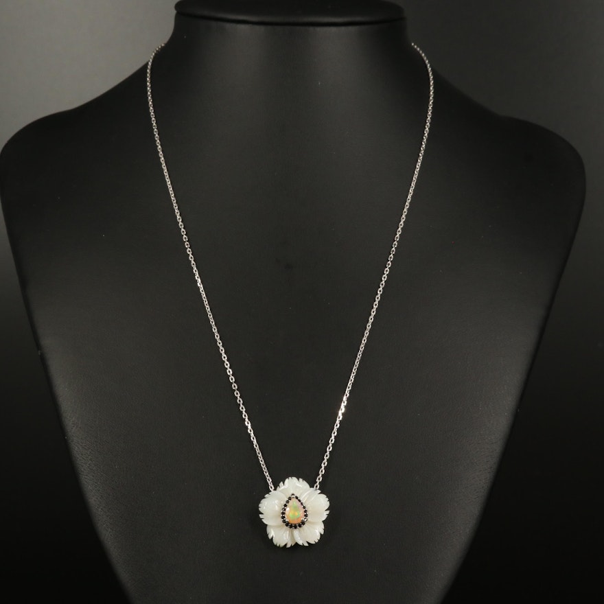 Sterling Carved Mother of Pearl, Opal and Cubic Zirconia Flower Pendant Necklace