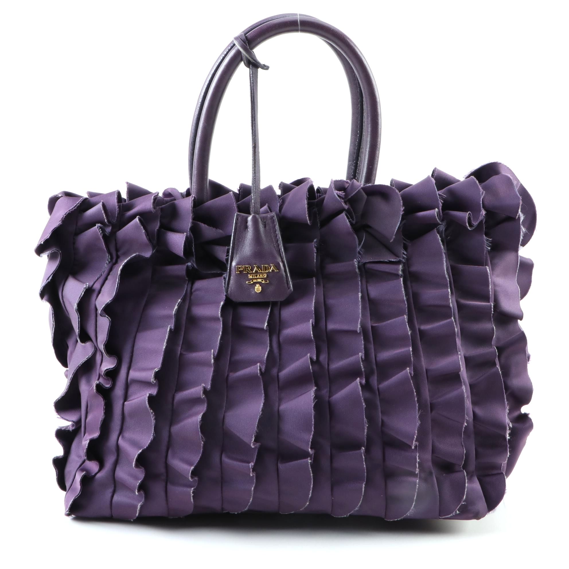Prada Purple Ruffle Tessuto Nylon and Leather Tote