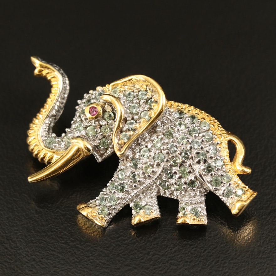 Sterling Walking Elephant Brooch with Garnet and Sapphire