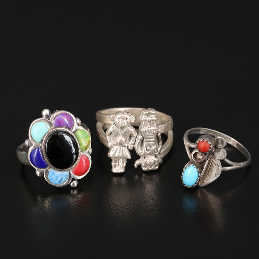 Southwestern Sterling Silver Rings with Turquoise, Black Onyx and Coral