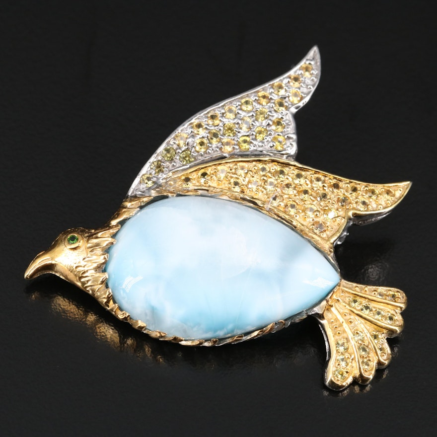 Sterling Silver Larimar, Sapphire and Diopside Bird Brooch