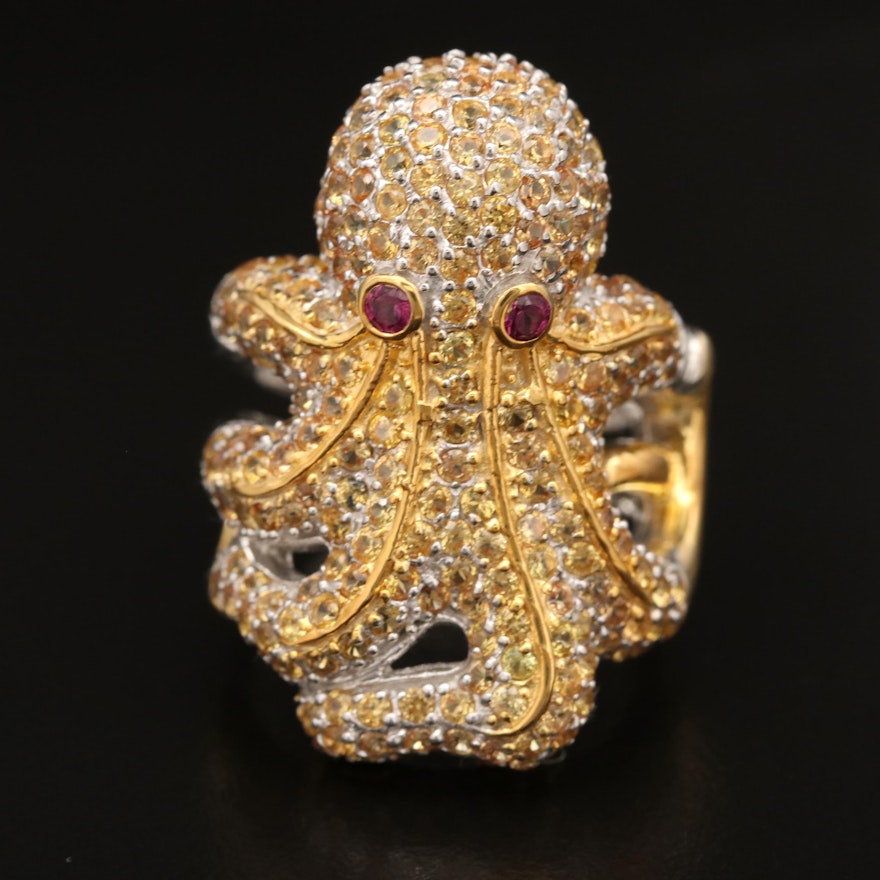 Sterling Silver Garnet and Sapphire Octopus Ring