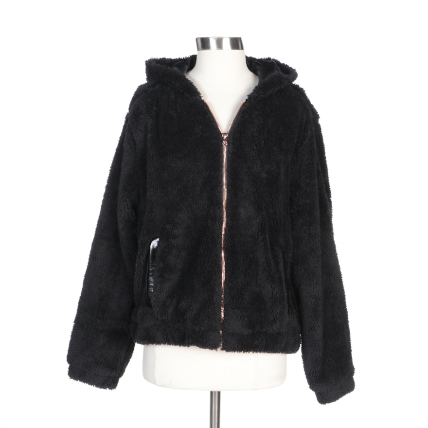Pink Platinum Black Hooded Faux Fur Zipper-Front Jacket