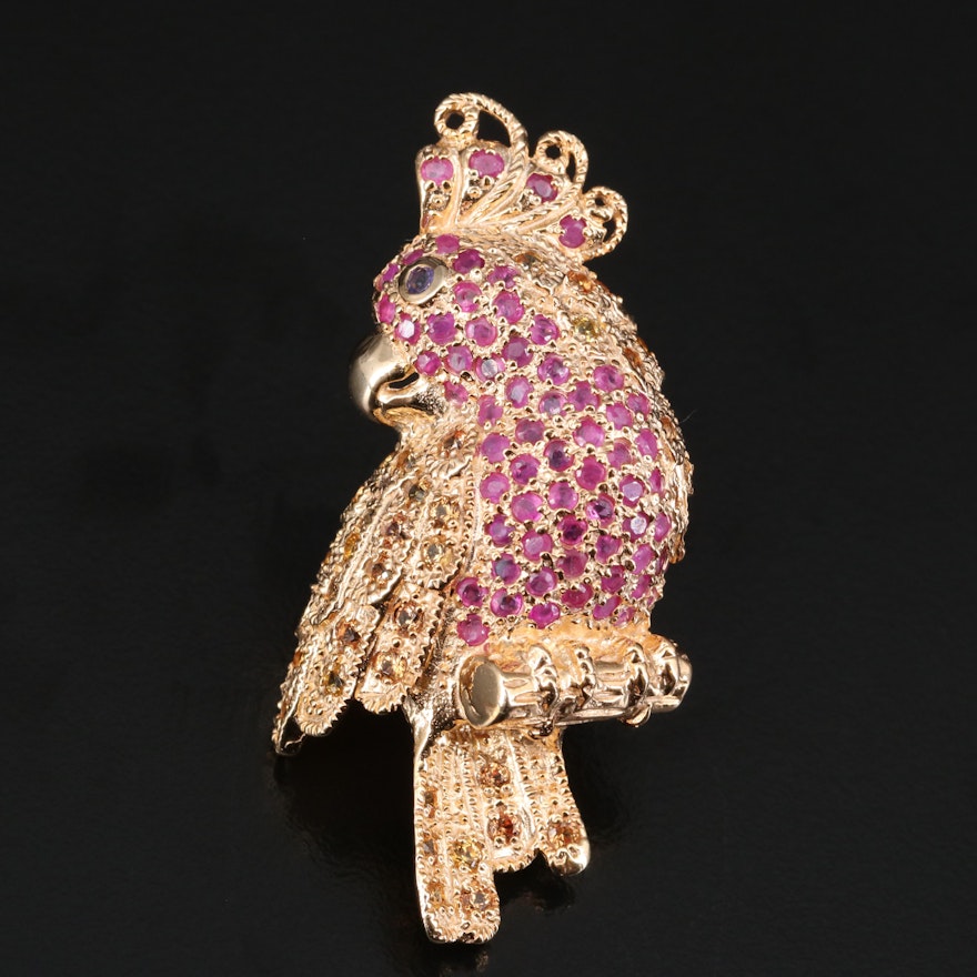 Sterling Ruby and Sapphire Cockatoo Brooch