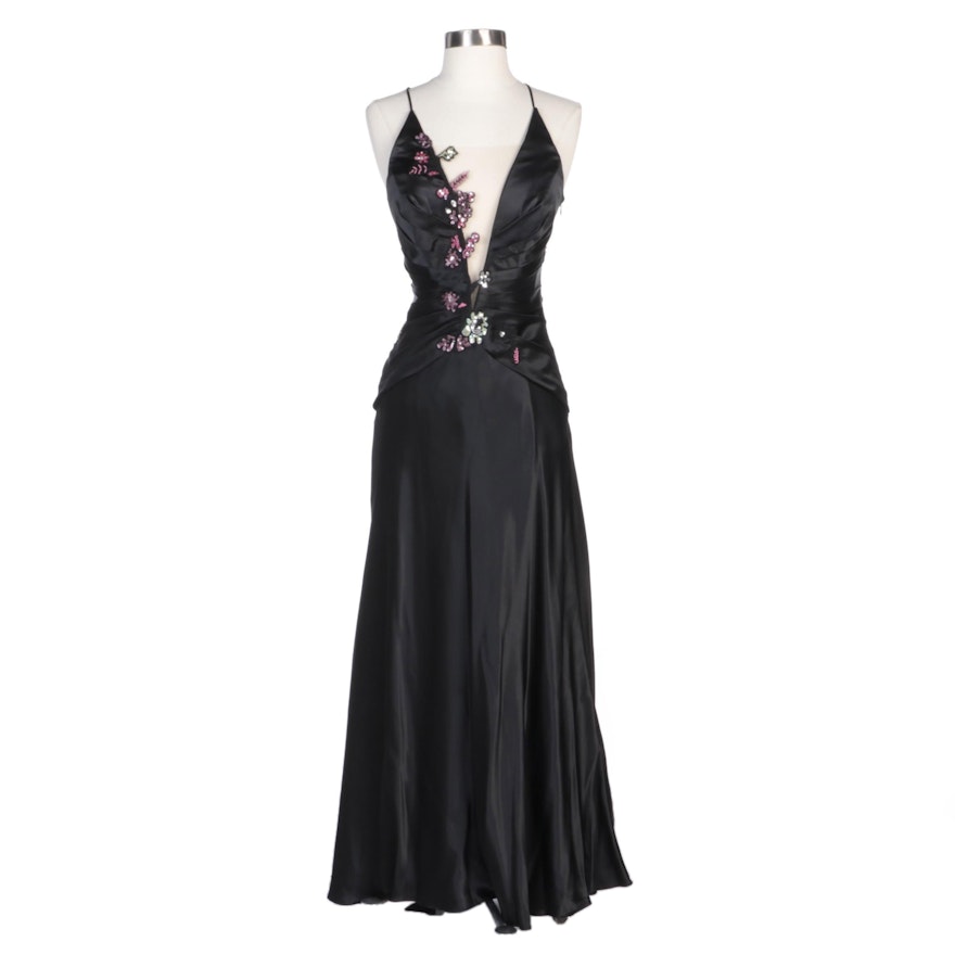 Alberto Makali Black Silk Evening Dress with Floral Sequin Embellishments