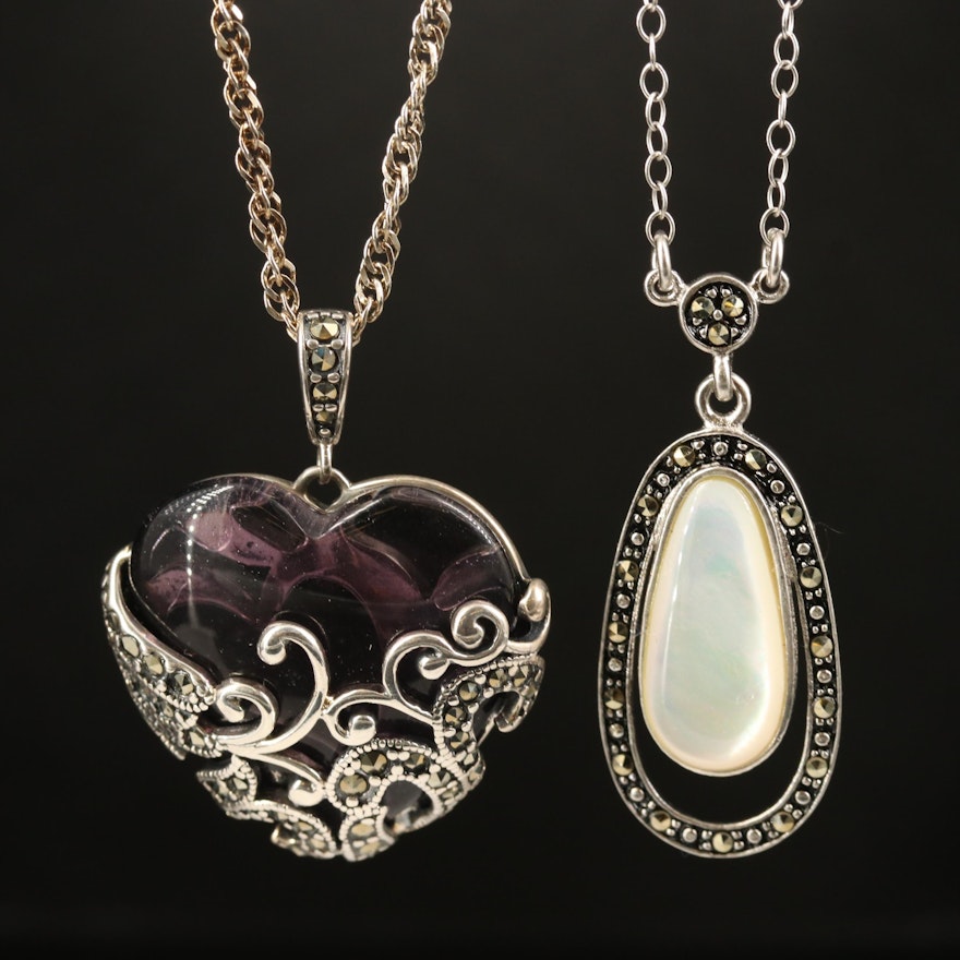Sterling Heart and Drop Necklaces with Mother of Pearl and Marcasite
