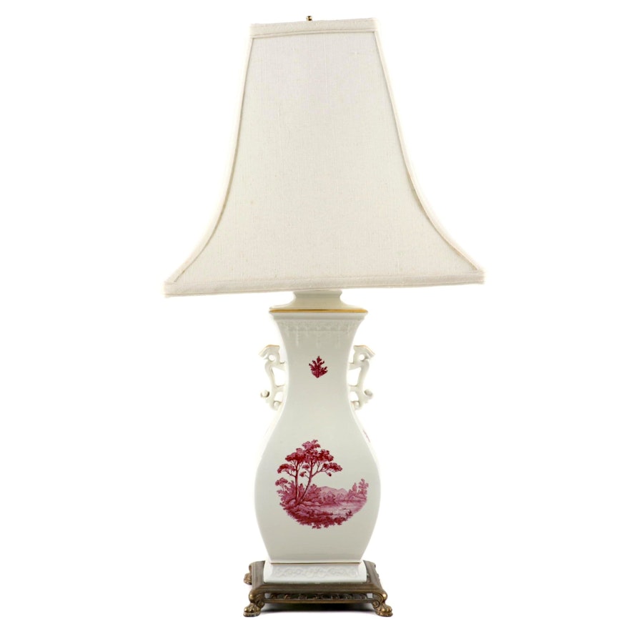 Porcelain Baluster Vase Lamp with Magenta Transfer Scenic Accents, Late 20th C