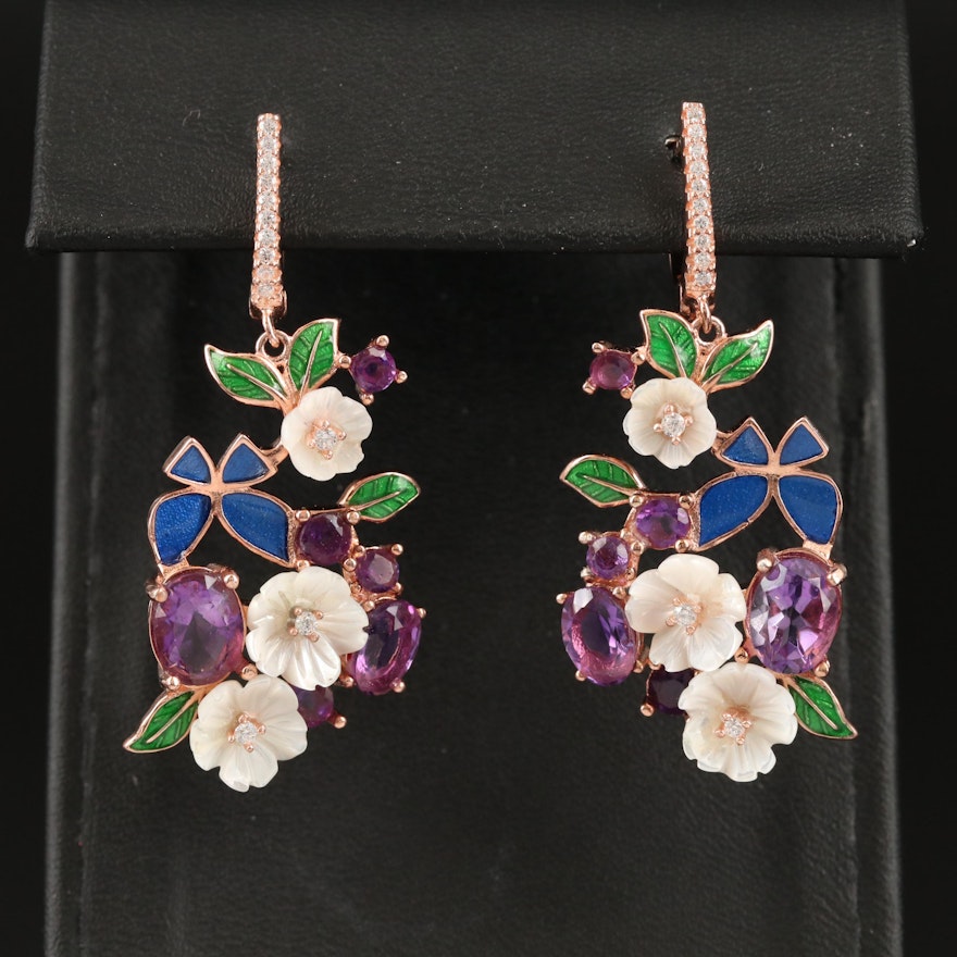 Sterling Silver Amethyst, Cubic Zirconia and Enamel Floral Earrings