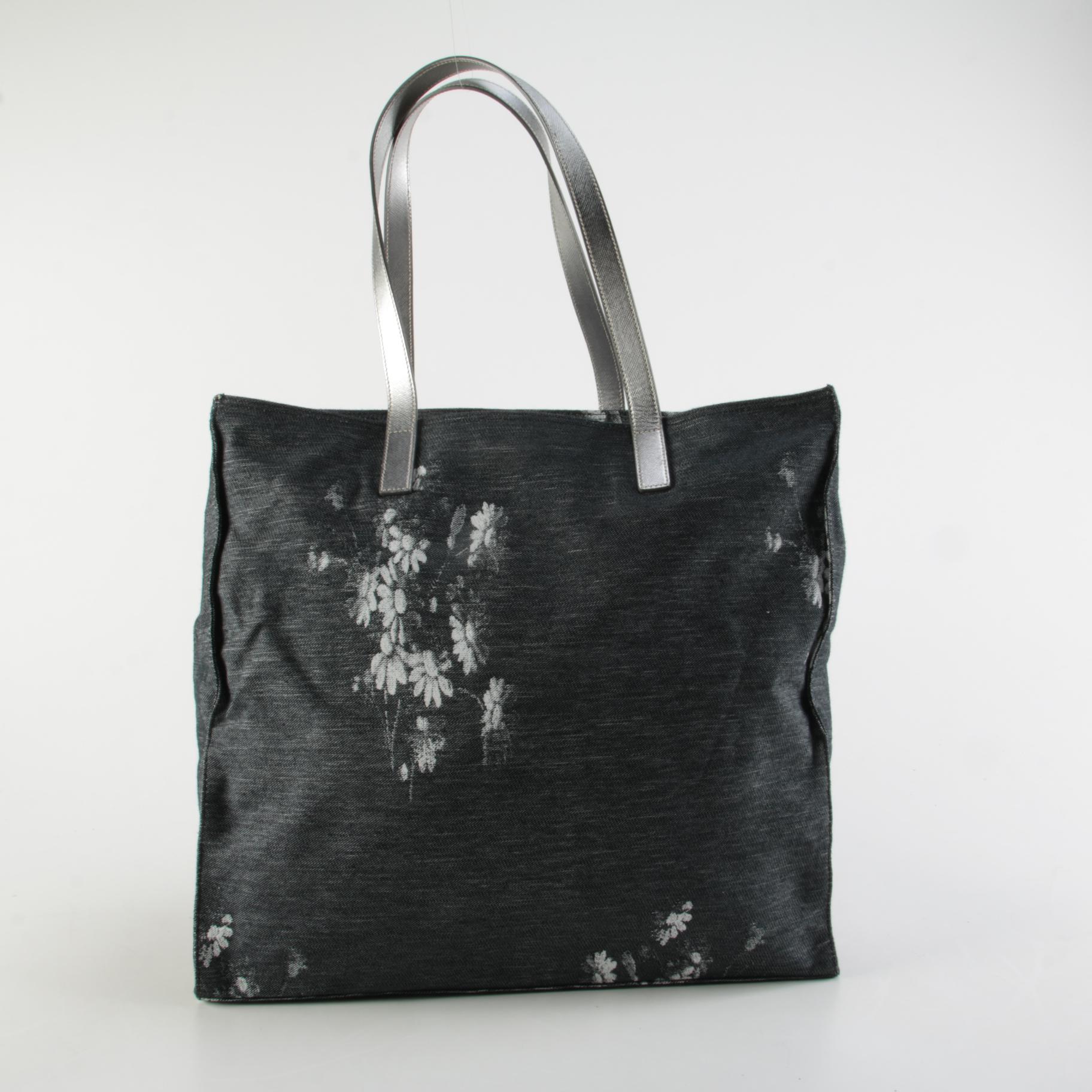 Prada Floral Canvas and Metallic Leather Shoulder Tote