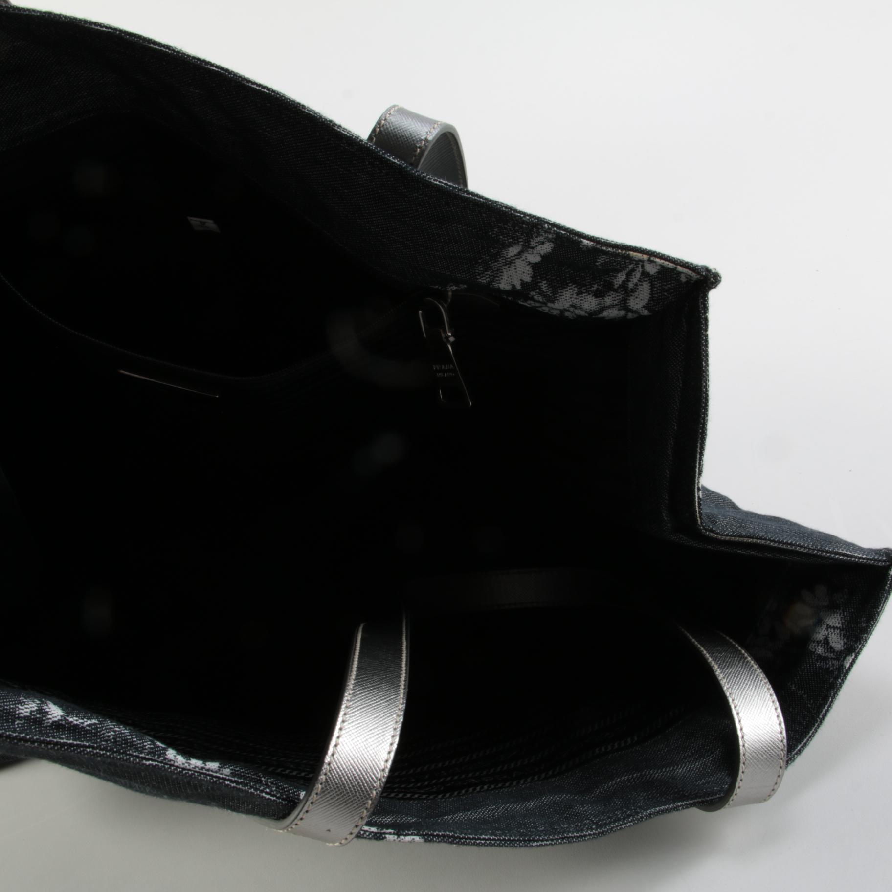 Prada Floral Canvas and Metallic Leather Shoulder Tote