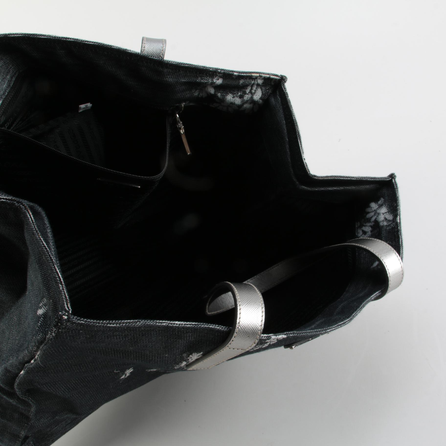 Prada Floral Canvas and Metallic Leather Shoulder Tote