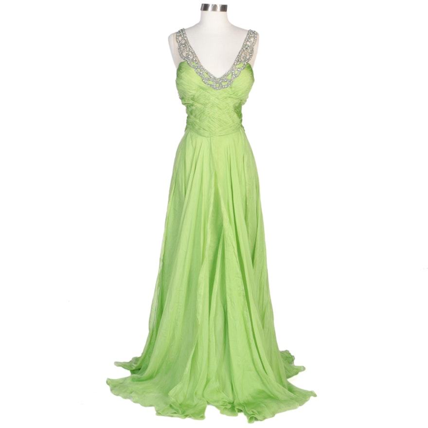 Alberto Makali Green Silk Pleated Evening Gown with Embellished Neckline