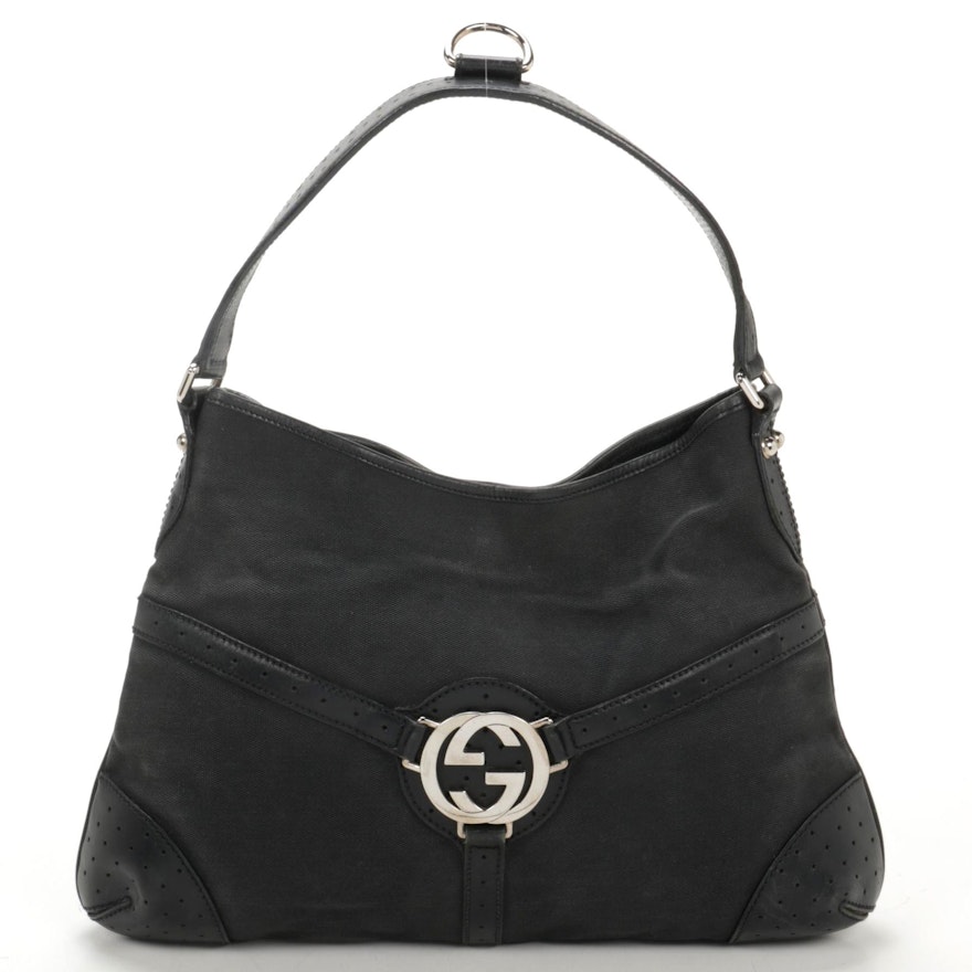 Gucci Interlocking Shoulder Bag in Black Canvas and Leather