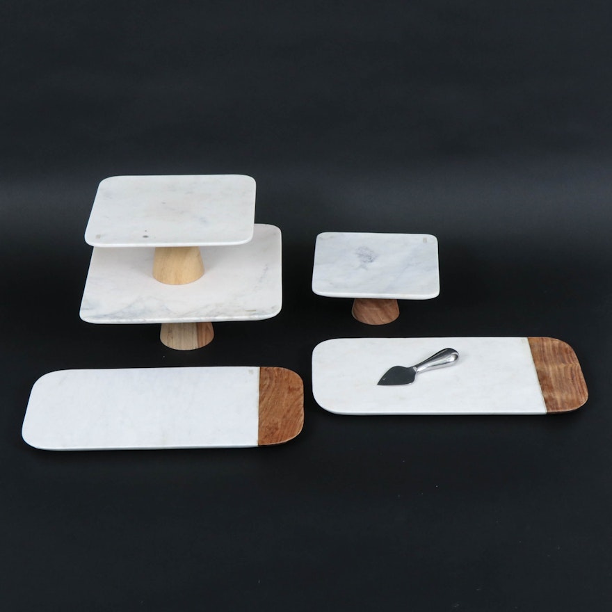 White Marble and Wood Serving Boards and Tiered Stands, Contemporary