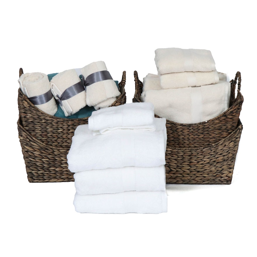 Cotton Bath and Hand Towels with Woven Raffia Storage Baskets