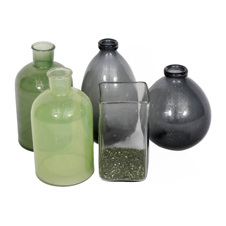 Green Glass and Grey Glass Rustic Vases and Candle Holder