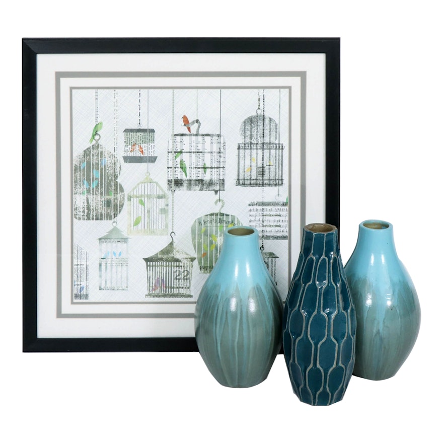 Offset Lithograph "Birdcages Collage I" and Glazed Blue Clay Vases