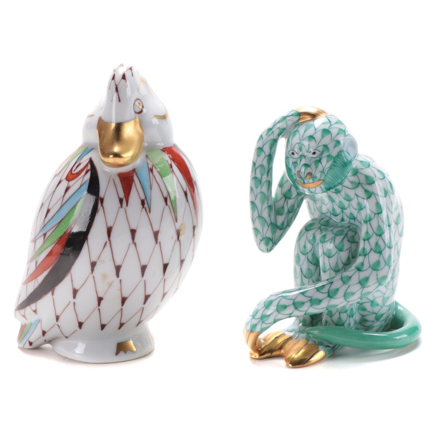 Herend Green Fishnet Monkey with Hollohaza Porcelain Duck Figurines