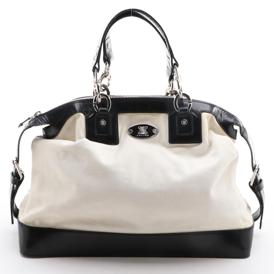 Celine Domed Satchel in White Canvas with Black Glazed Leather Trim
