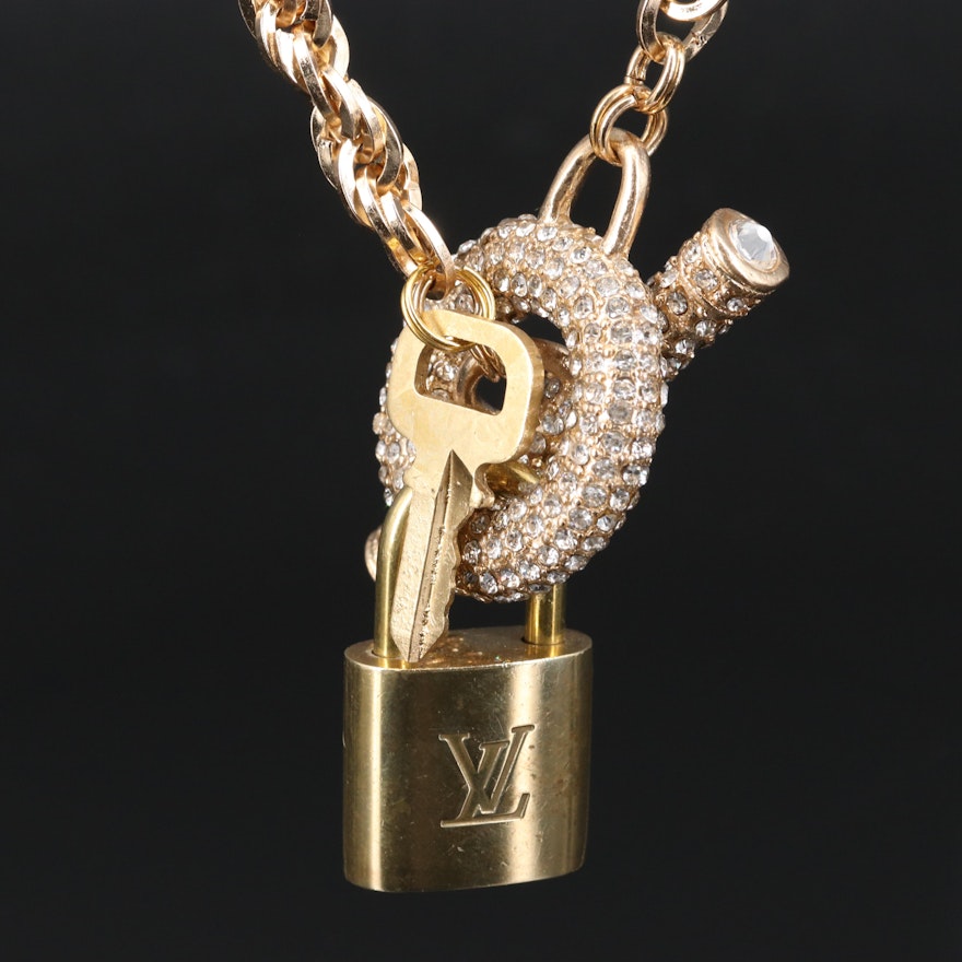 Rhinestone Rope Chain Necklace Featuring Louis Vuitton Lock and Key